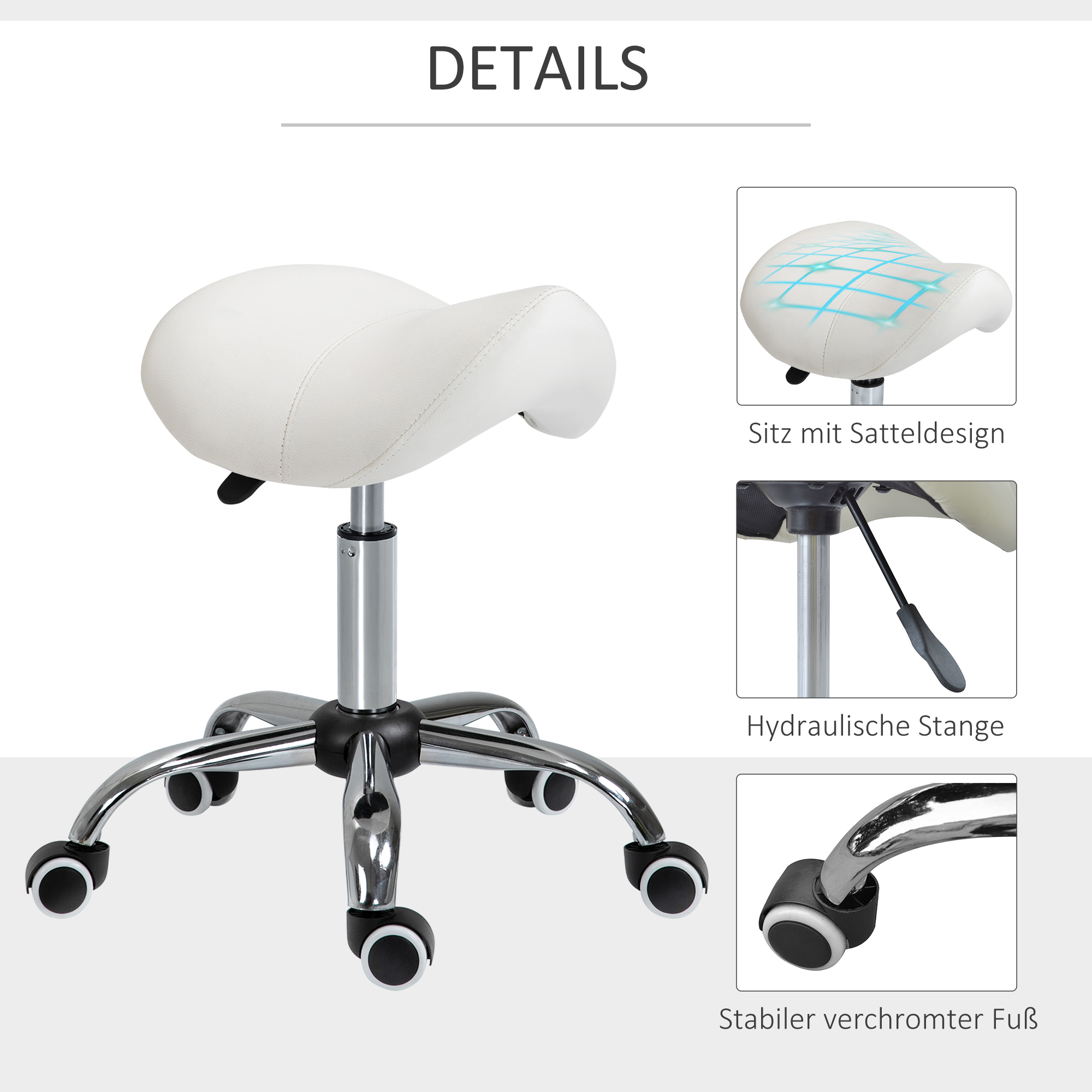 Rollhocker höhenverstellbar Drehhocker 49-61 cm Arbeitshocker drehbar Sattelhocker für Büro Salon Massage Spa Weiß