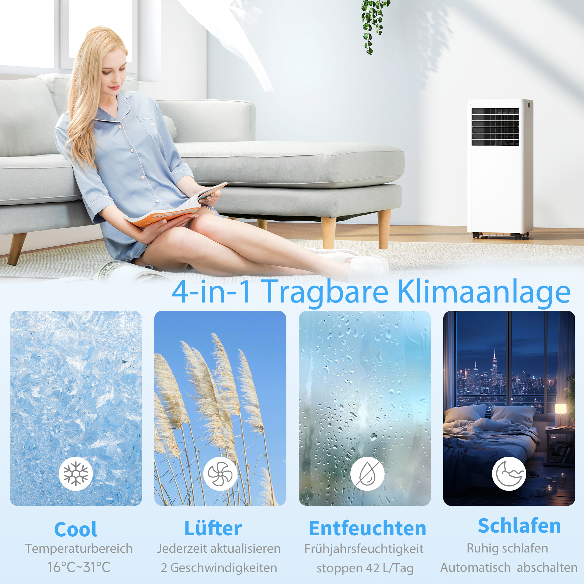 tragbares Klimagerät 9000 BTU, 4-in-1 mit Kühlung, Entfeuchter, Ventilator, Schlafmodus