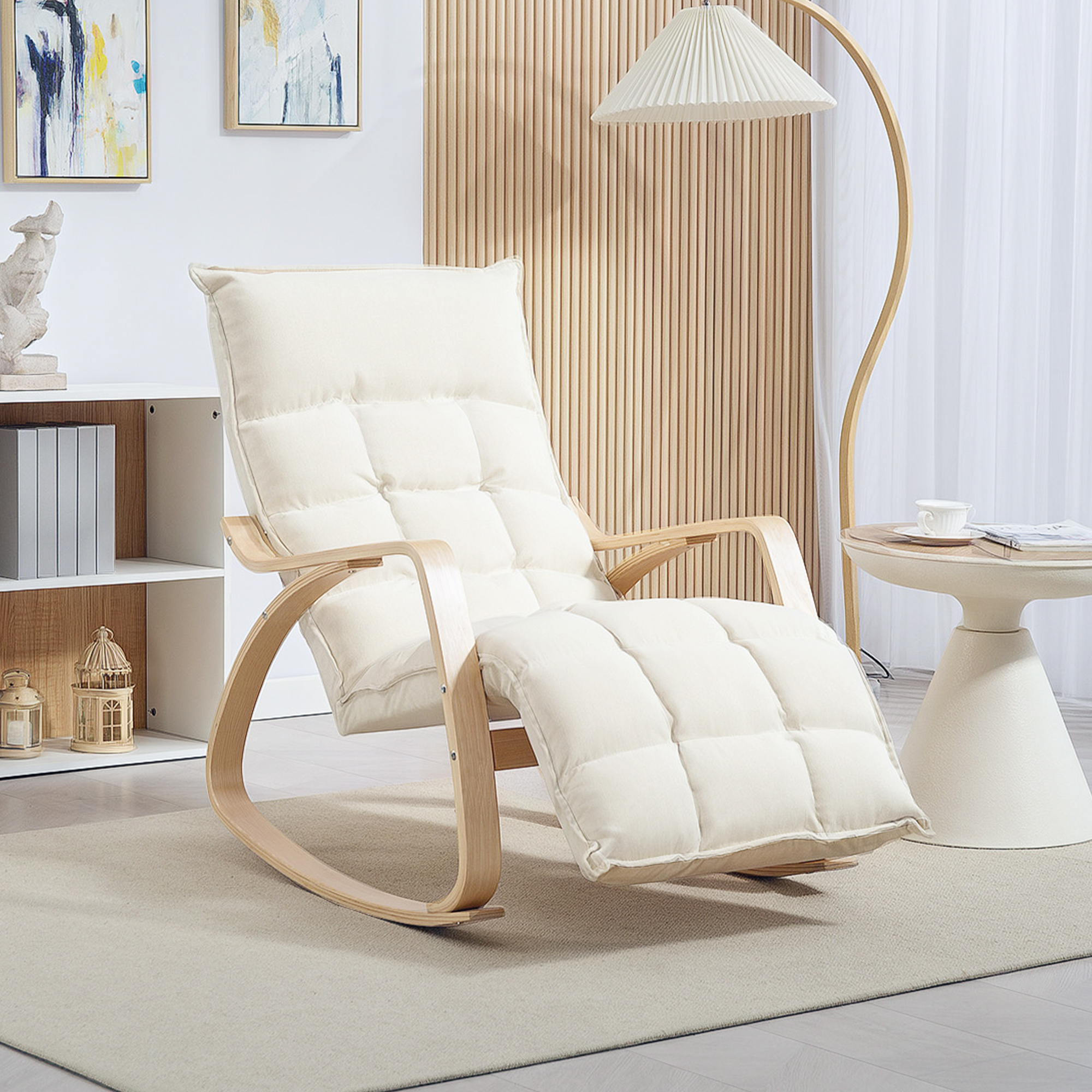 gepolsterter Schaukelstuhl, Entspannungssessel mit Armlehnen und Stahlrahmen, für Wohnzimmer, Schlafzimmer, Cremeweiß