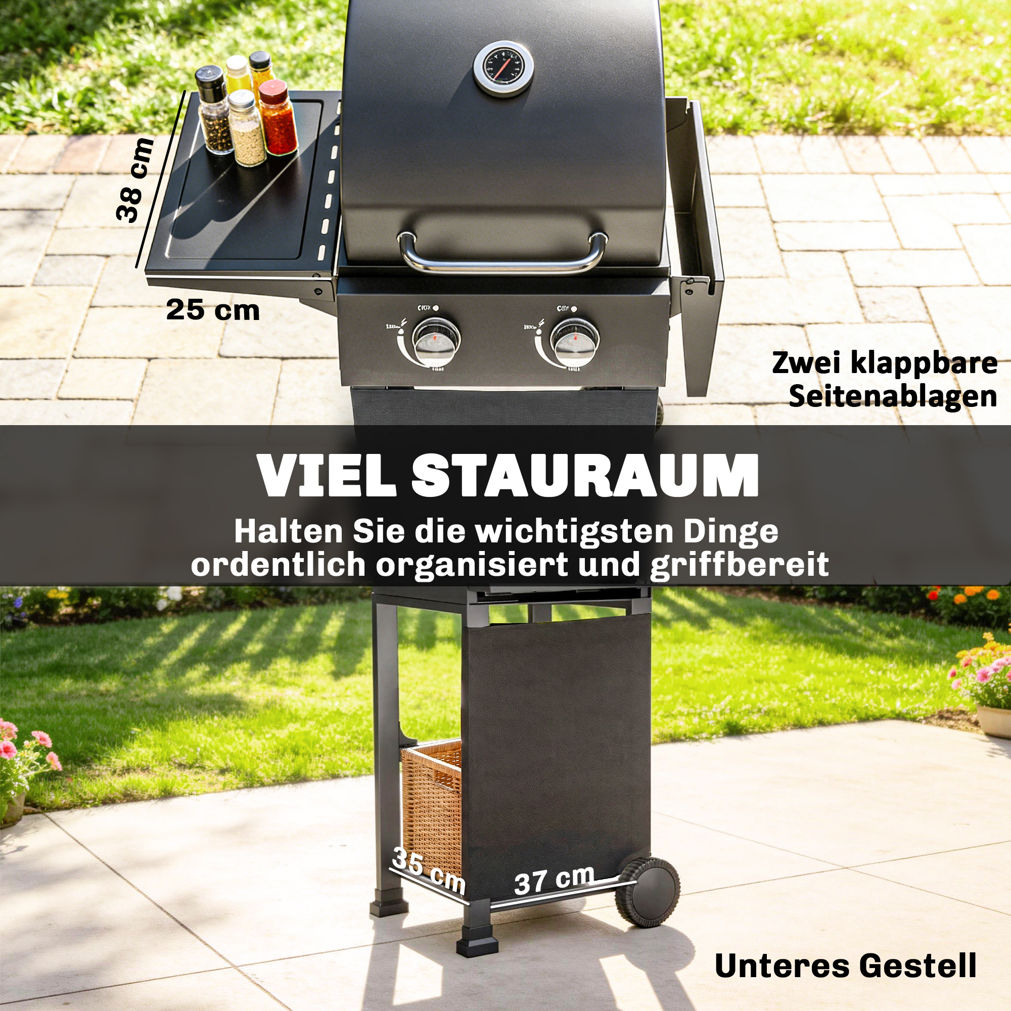 Gasgrill 5,4 KW 2 Brenner Stahl BBQ Grillwagen inkl klappbar Seitentisch Thermometer verchromter Grillrost Warmhalterost