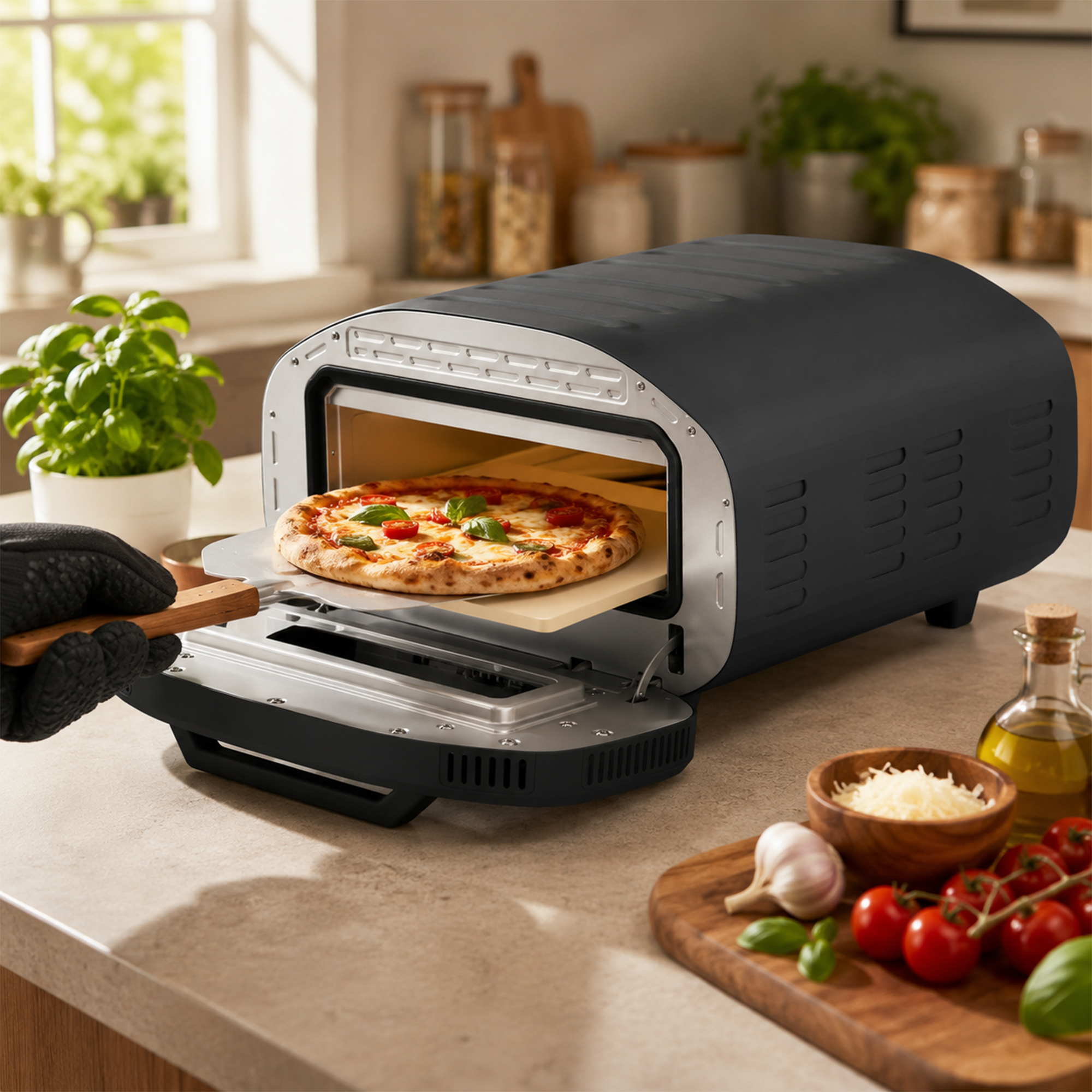 Pizzaofen für innen, 12 Zoll elektrischer Pizzaofen mit 8 Programmen, 430 °C, Timer, Keramikstein, 2200 W