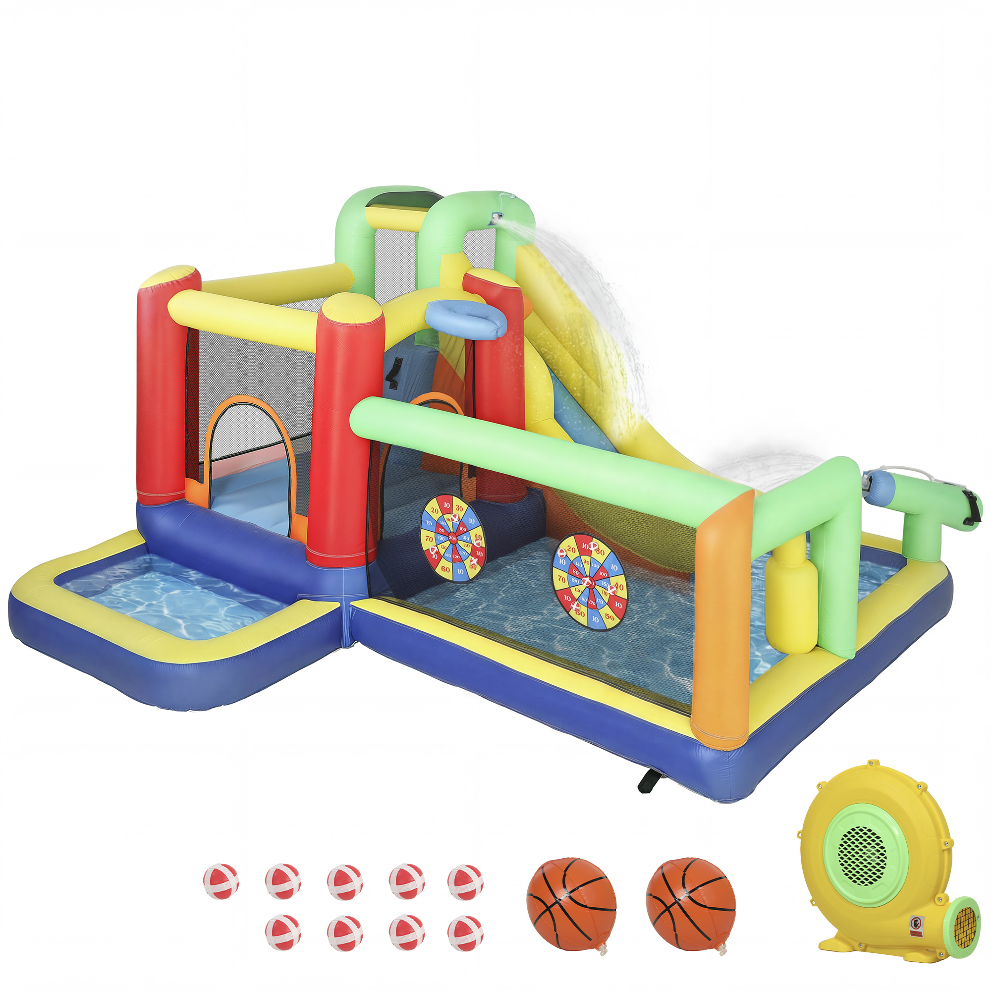 9-in-1 Aufblasbare Hüpfburg mit Gebläse Rutsche Planschbecken Wasserpistole für 3-8 Jahre 330x290x185 cm Mehrfarbig