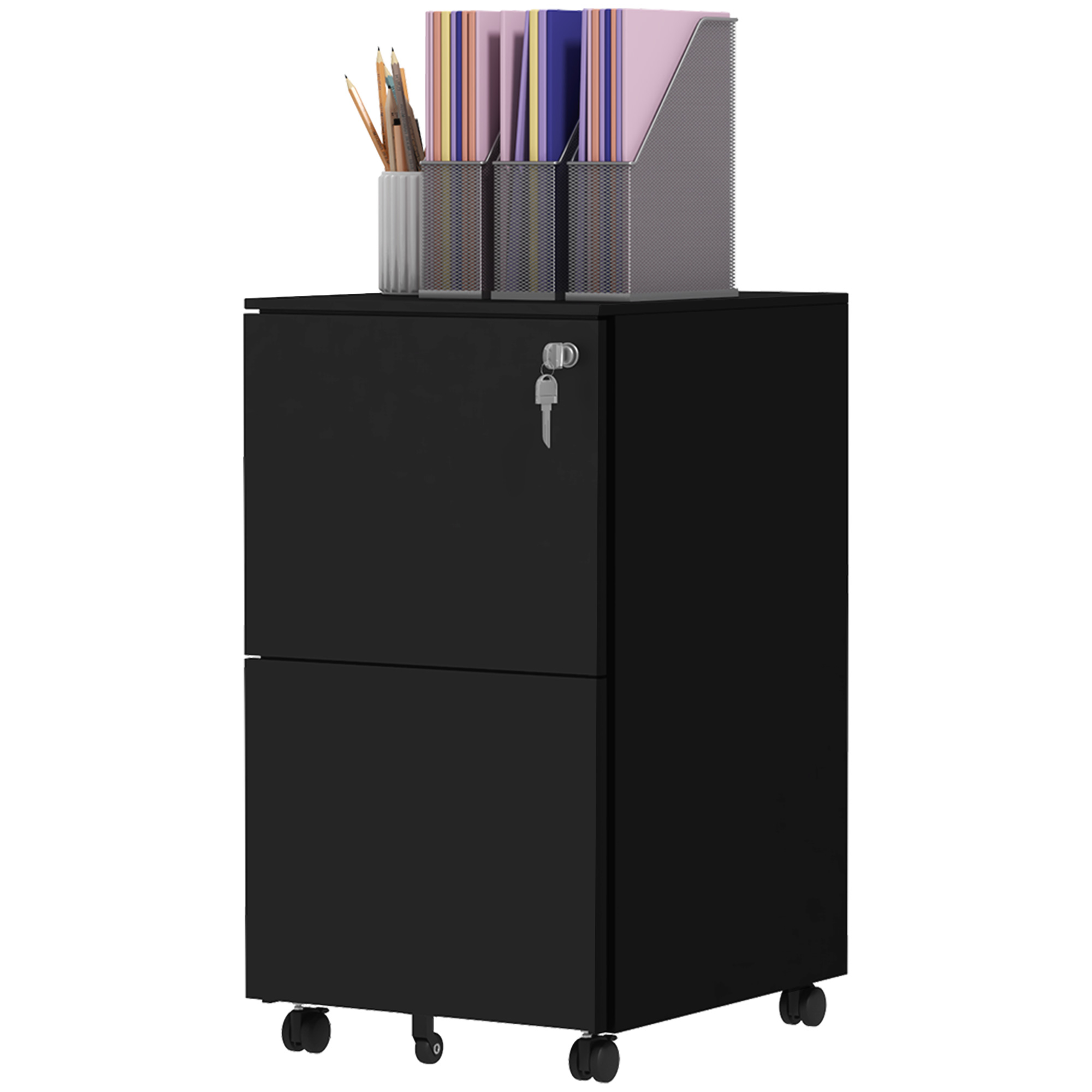 Rollcontainer Aktenschrank, 2 Schubladen, ab­schließ­bar, rollbar, 37 cm x 43,5 cm x 67,5 cm, Schwarz