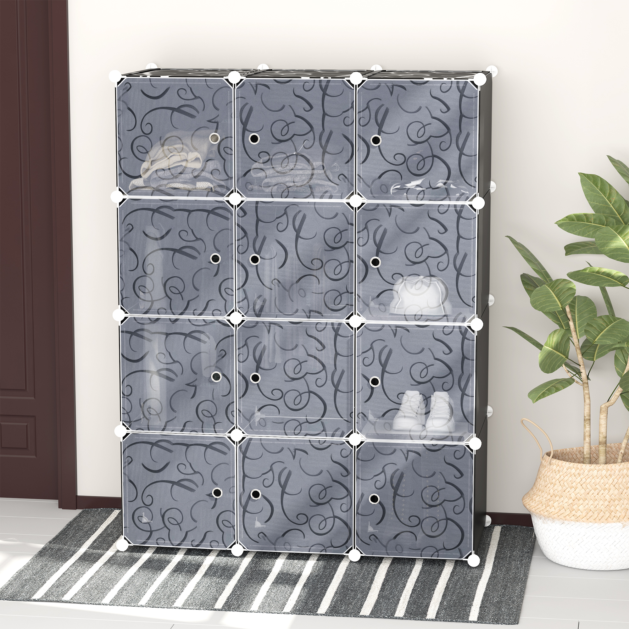 DIY Kleiderschrank Regalsystem mit 2 große und 9 kleinen Würfeln DIY-Würfelregal, Schuhregal, Aufbewahrungsregal für Büchern Spielzeug Schwarz 111 x 47 x 145 cm