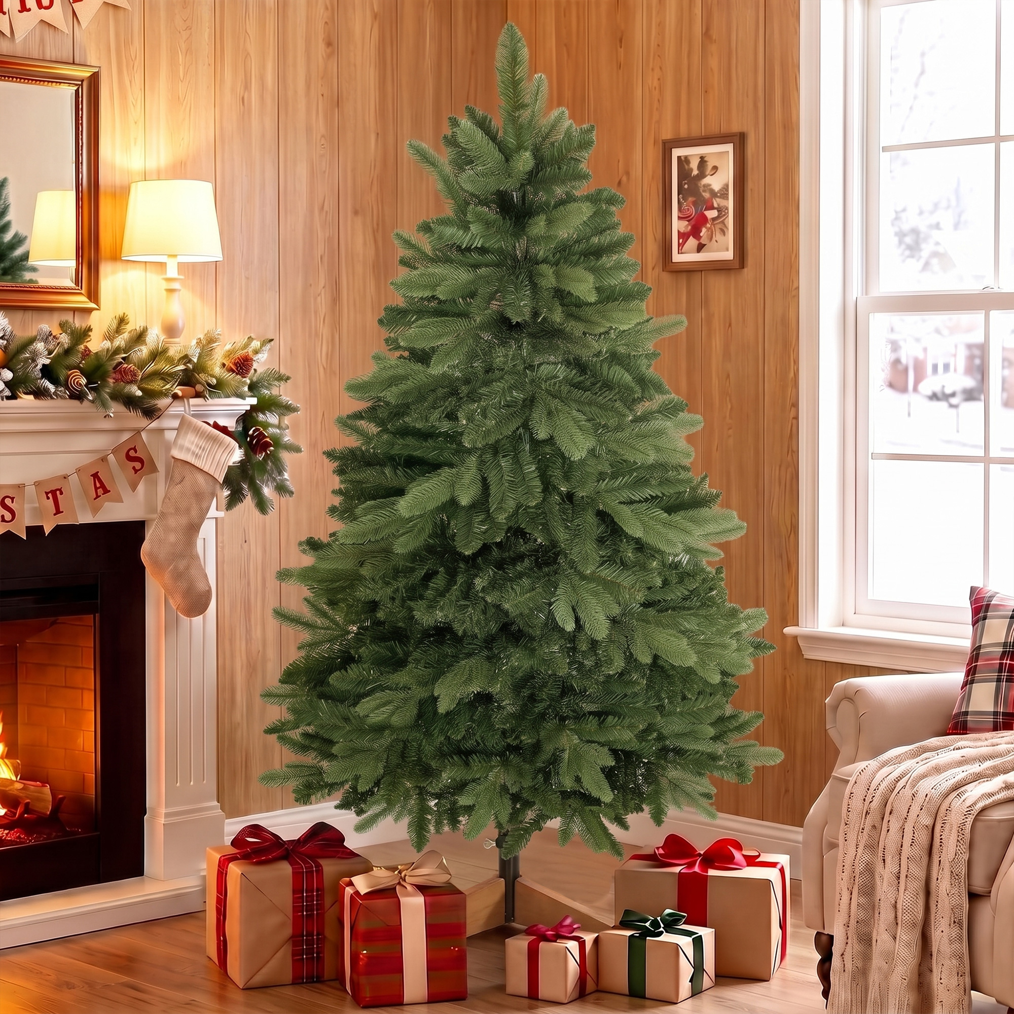 künstlicher Weihnachtsbaum 150 cm, Edeltanne, voll mit Klappästen, 525 Spitzen, faltbarer Holzständer, Grün