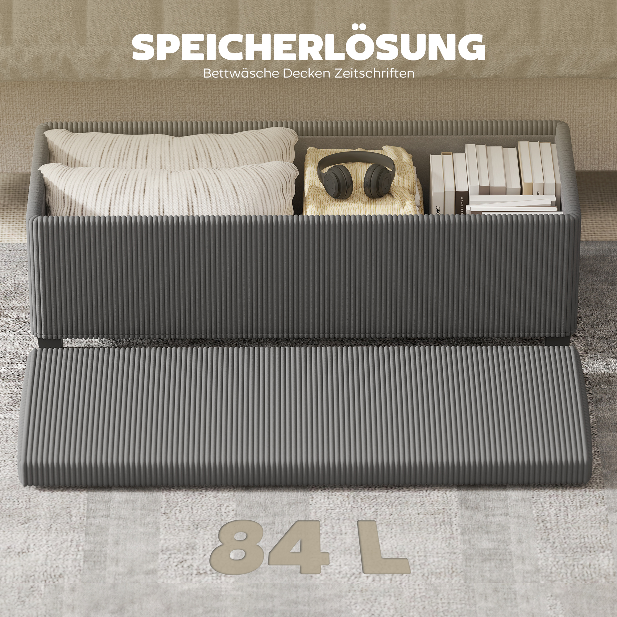Sitzbank mit Stauraum, Polsterbank für Aufbewahrung, für Wohnzimmer, Schlafzimmer, Flur, Cordbezug, Grau