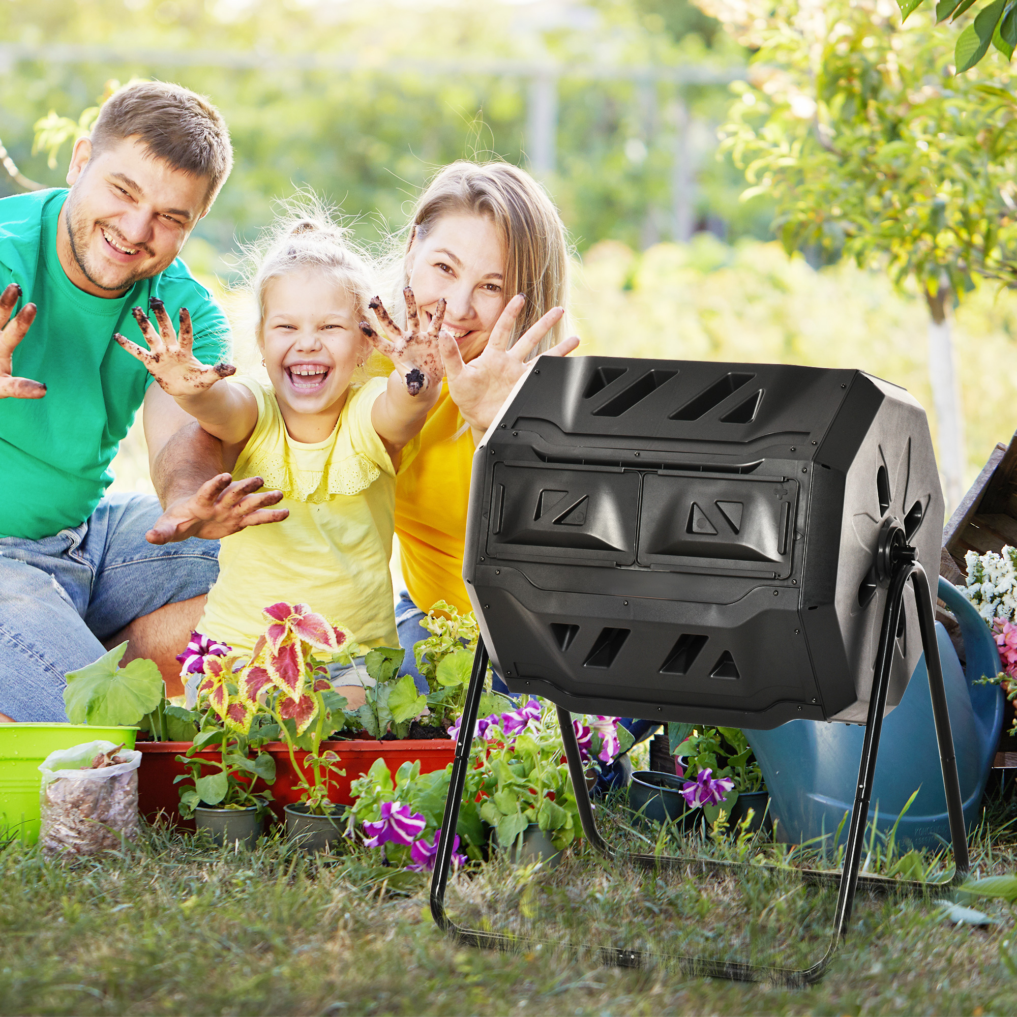 Kompostbehälter mit 2 Behältern, 160 L Fassungsvermögen, drehbar, 71 cm x 65 cm x 96 cm, Schwarz