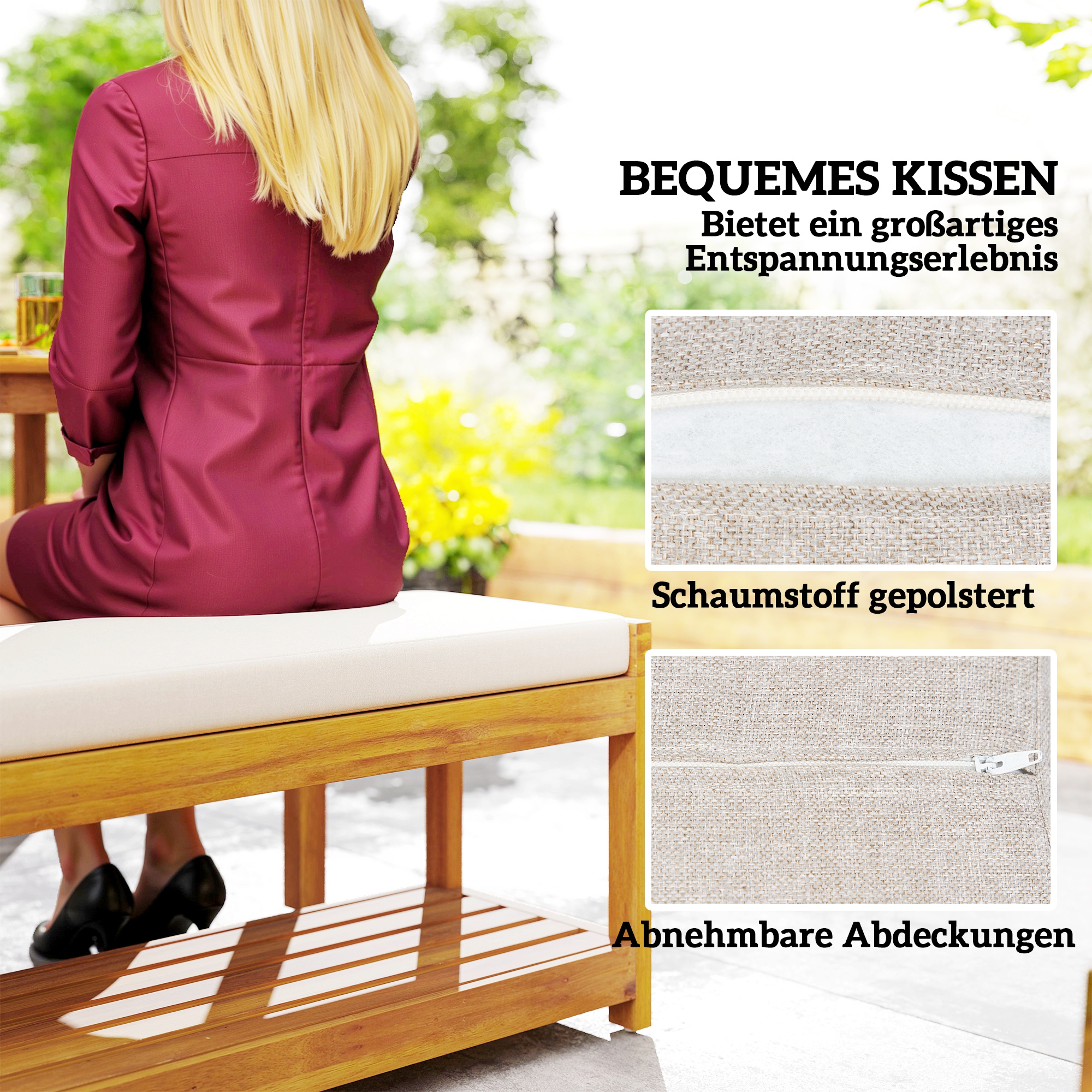 3 tlg. Gartenmöbel-Set, Sitzgarnitur inkl. 1 Esstisch mit Schirmloch, 2 Bänke 150 x 85 x 75 cm Teak