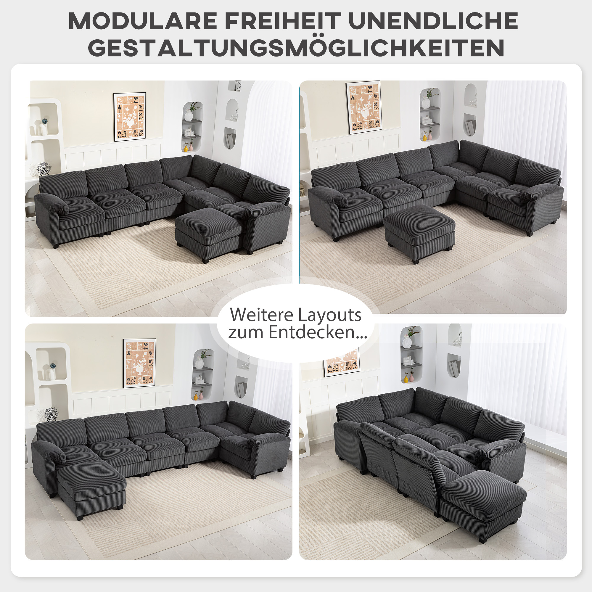 Ecksofa U-Form Sofa Couch mit Federpolsterung gepolsterte Armlehnen beweglicher Ottomane Cord 292x224x85 cm Dunkelgrau