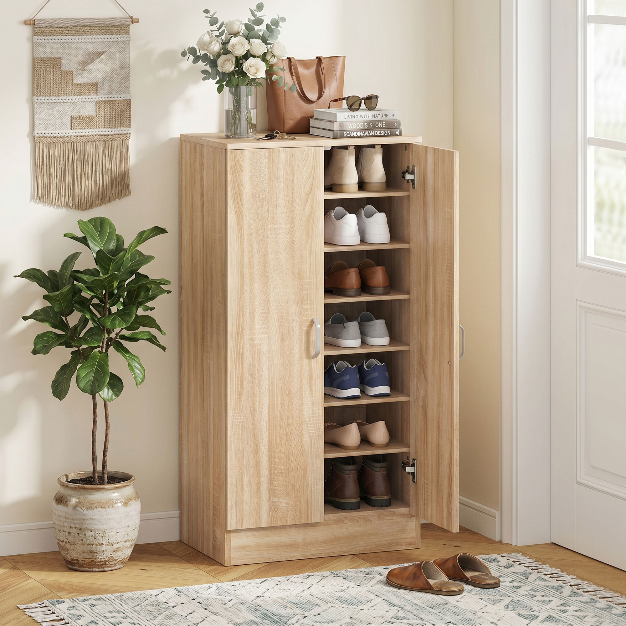 Schuhschrank mit 2 Türen, 6 verstellbare Regalböden, Soft-Close-Scharniere für 14 Paar Schuhe, Naturholz