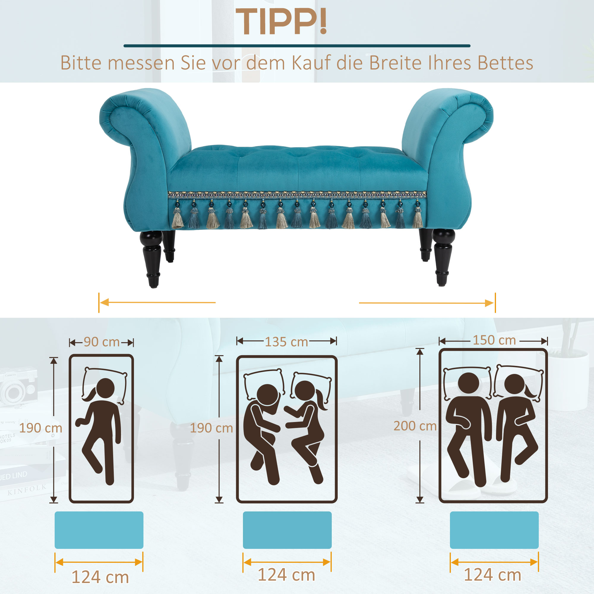 Sitzbank Polsterbank mit Samt-Bezug, Armlehne Bettbank mit Holzrahmen, Schuhbank für Schlafzimmer, Wohnzimmer, Flur 117 x 40 x 58 cm Blau