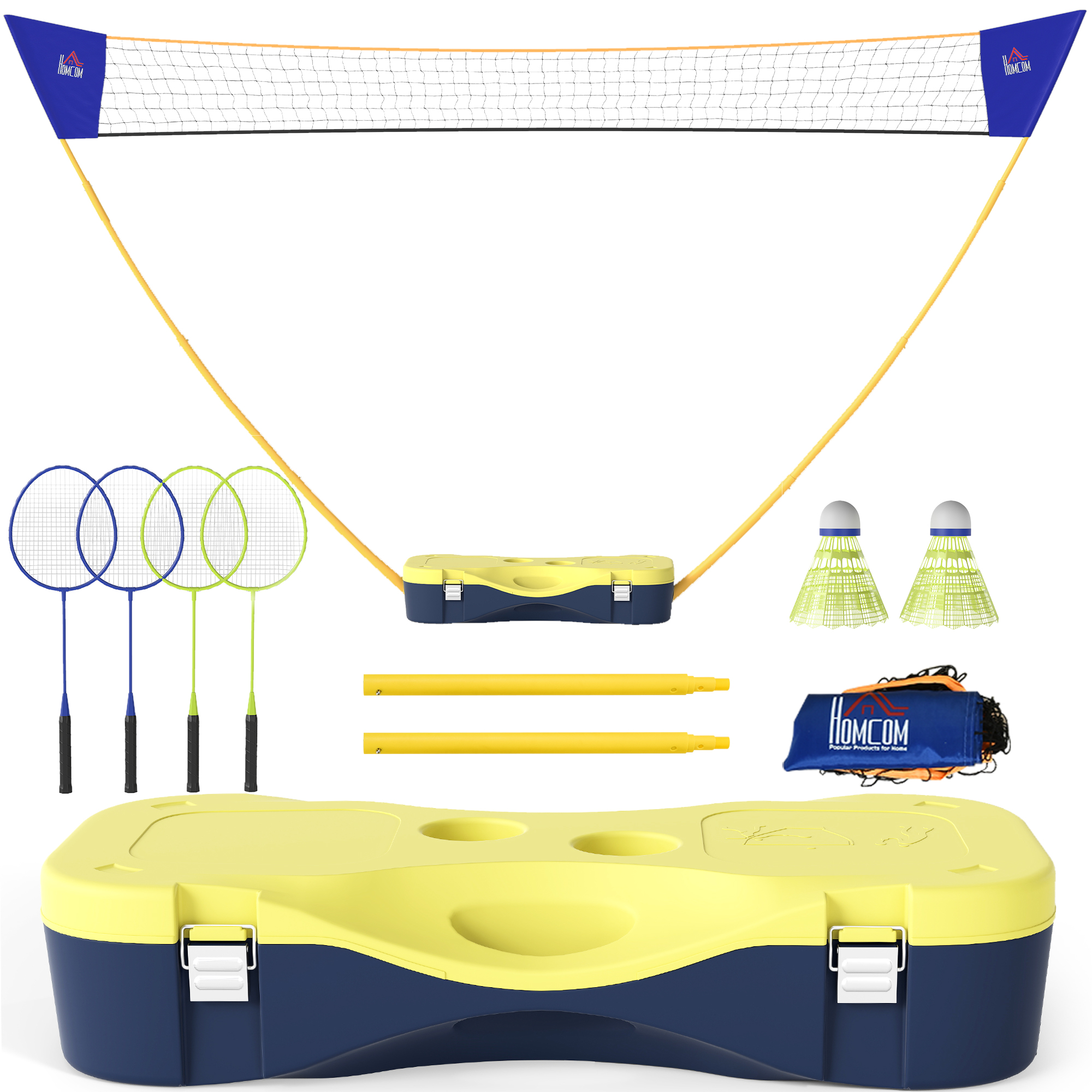 Badminton Netz mit Stand, Badminton-Netzständer, tragbarer Netzständer, Badmintonnetz mit 4 Badminton-Schlägern, Outdoor-Sport, Gelb+Blau, 286 x 33 x 157 cm Badminton Netz mit Stand, Badminton-Netzständer, tragbarer Netzständer, Badmintonnetz mit 4 Badminton-Schlägern, Outdoor-Sport, Gelb+Blau, 286 x 33 x 157 cm
