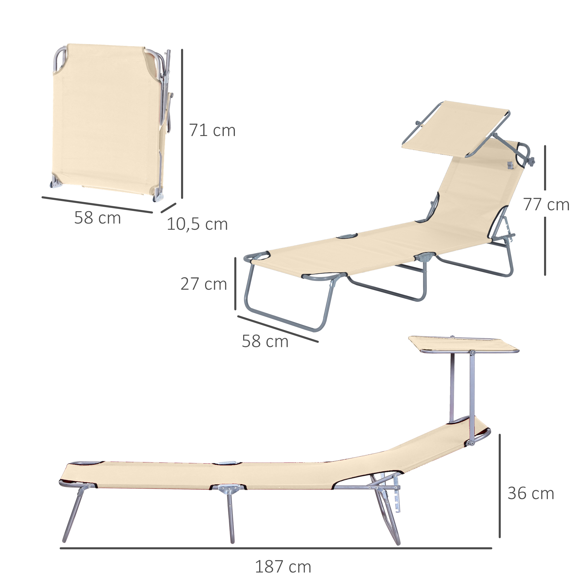 Sonnenliege klappbar Gartenliege mit Dach, Liegestuhl mit 4-Fach verstellbare Rückenlehne, wetterfeste Campingliege bis 120 kg belastbar, für Garten Strand Pool, Beige