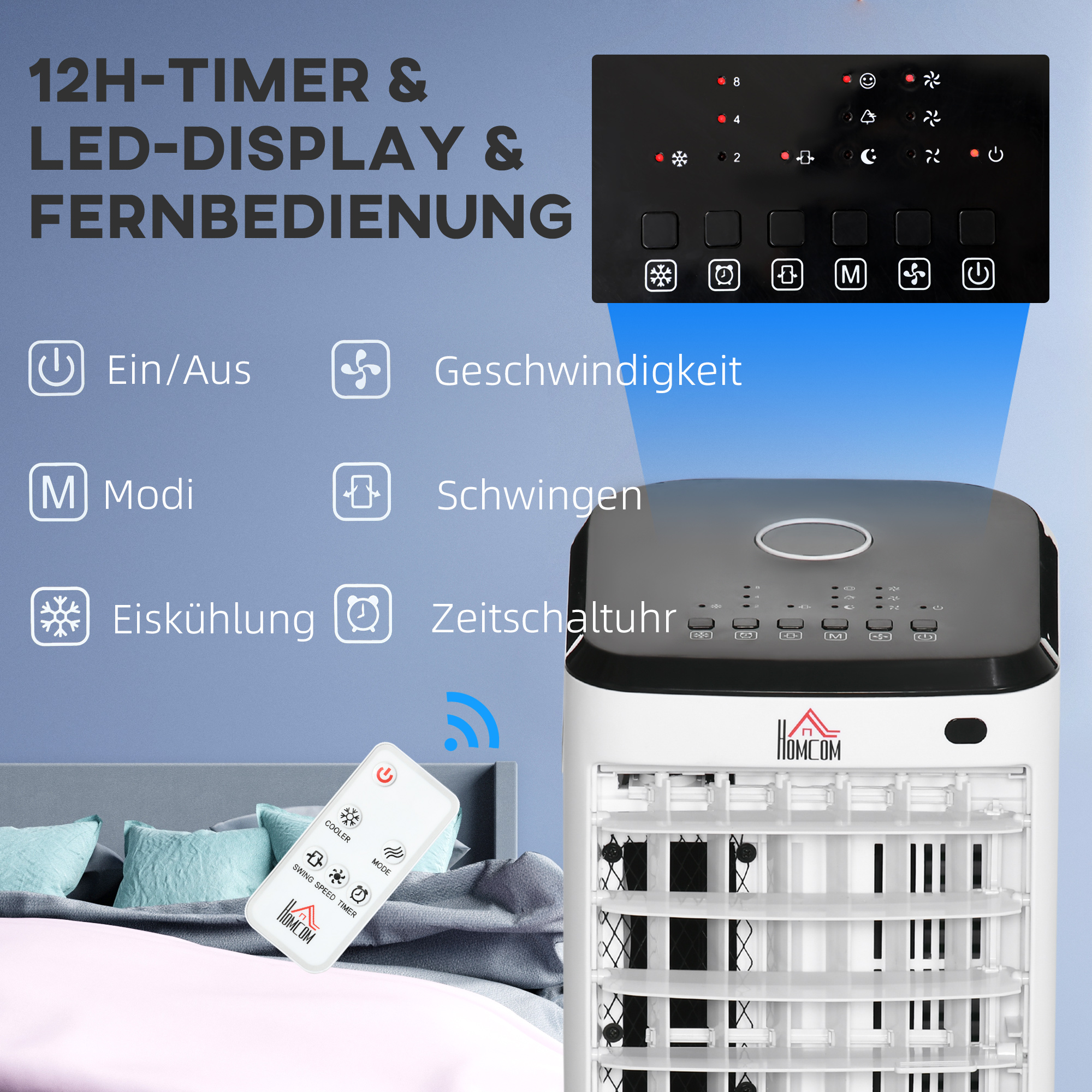 Luftkühler, 3 Modi, Timerfunktion, 24,5 cm x 27 cm x 60 cm, Cremeweiß + Schwarz