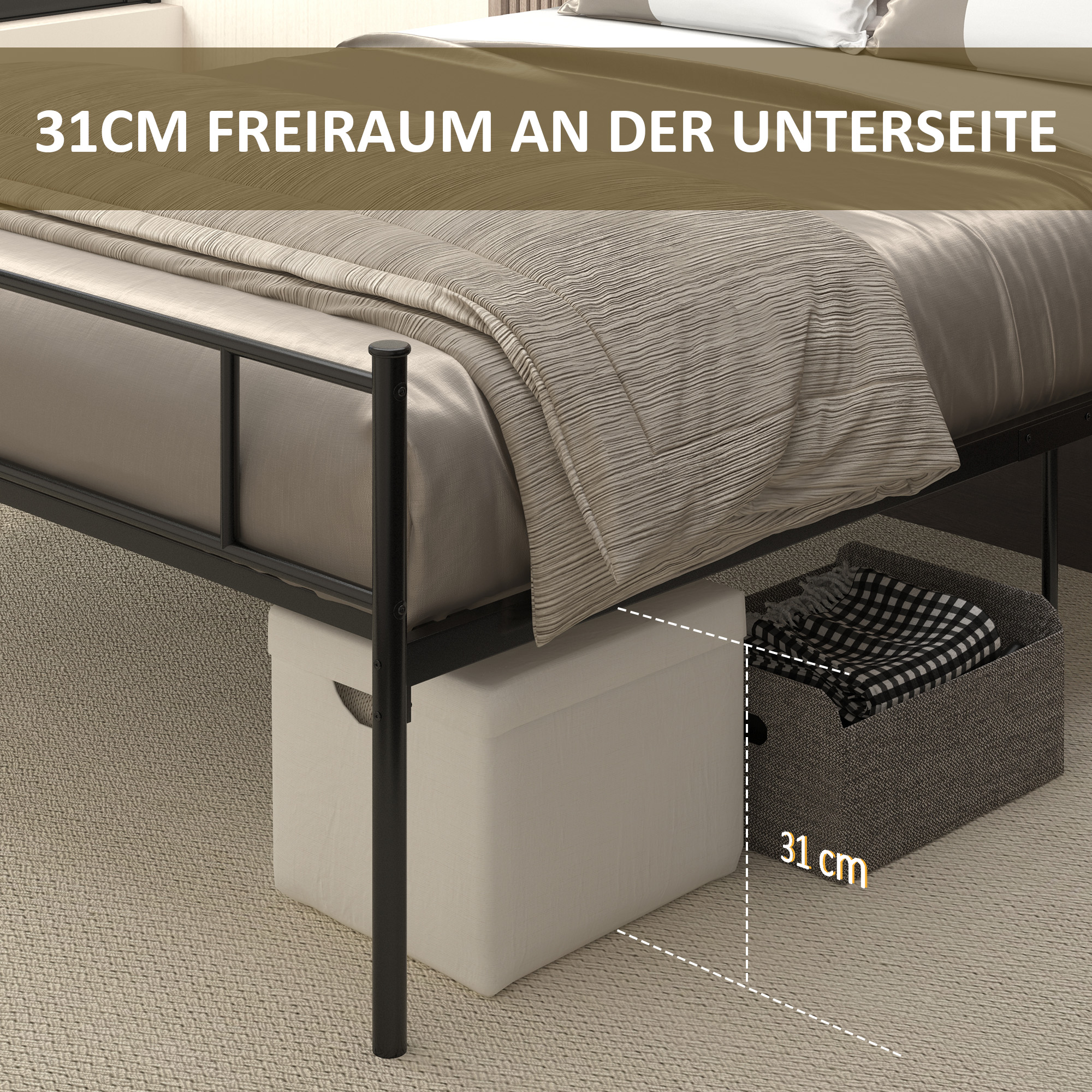Bettgestell aus Metall mit Kopfteil, 300 kg Belastbarkeit, 145L x 211B x 106H cm, Schwarz