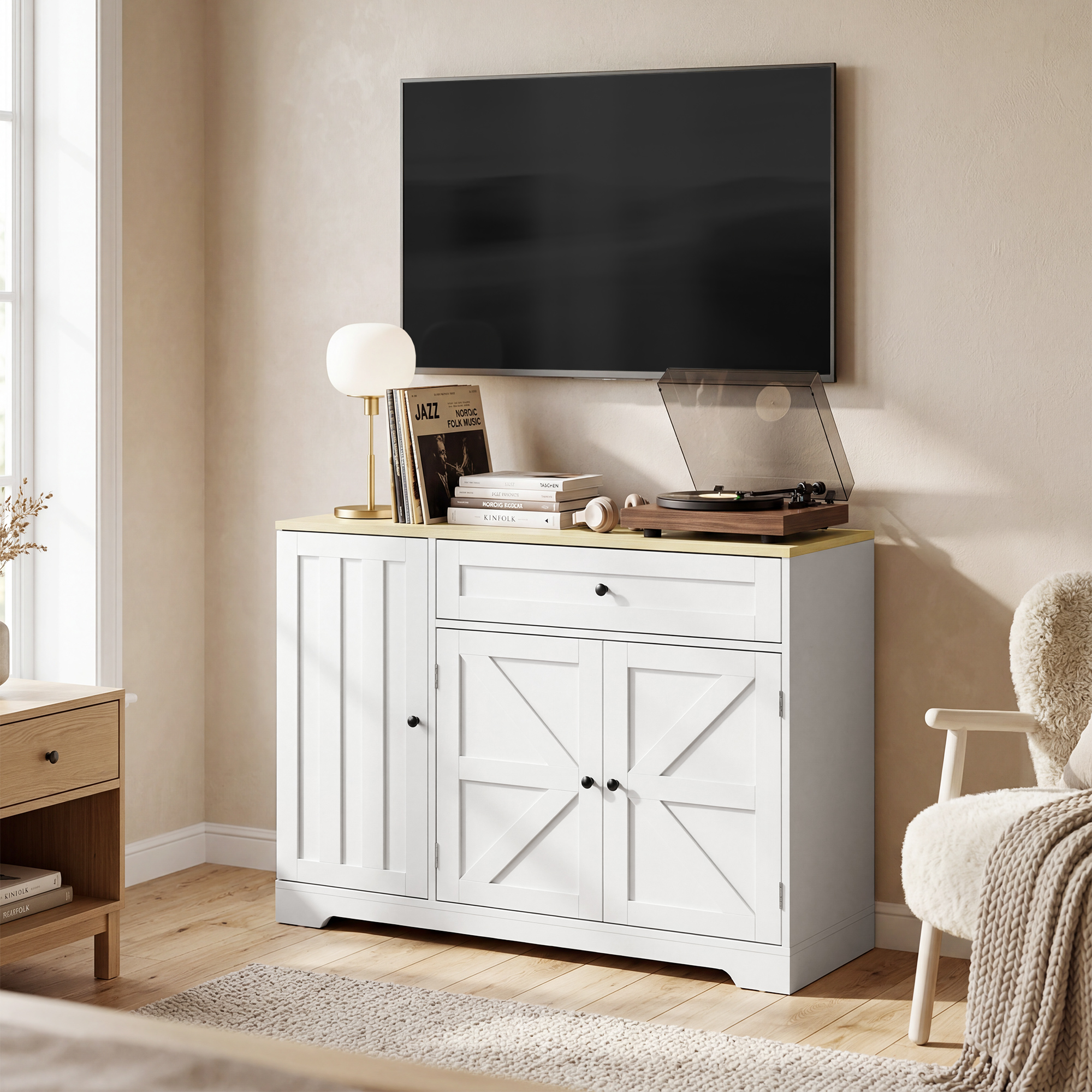 Sideboard, Landhausstil Küchenschrank mit Schiebetüren, 1 Schublade, 2 verstellbaren Einlegeböden, Türregalen