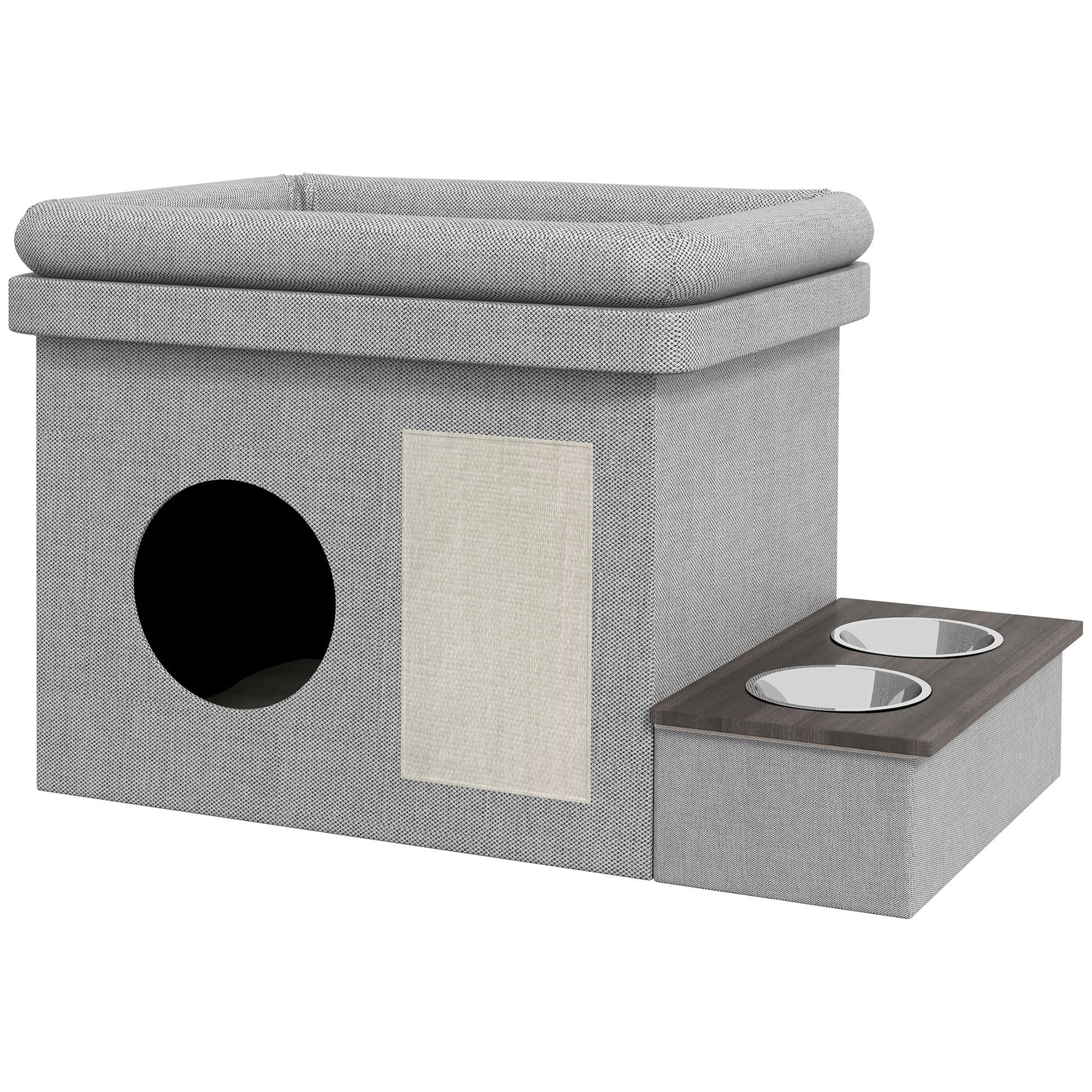 Katzenhaus, Futterplatz mit 2 Edelstahlnäpfen, Kratzmatte, weiches Liegekissen, 78 x 48 x 49,5 cm, grau Katzenhaus, Futterplatz mit 2 Edelstahlnäpfen, Kratzmatte, weiches Liegekissen, 78 x 48 x 49,5 cm, grau