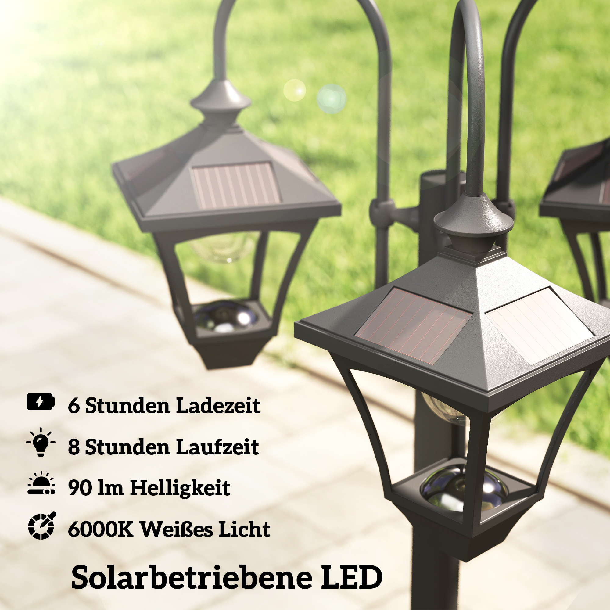 Solar Laterne Stehleuchte mit Blumentopf 185cm Höhenverstellbar Außen Gartenlaterne mit 3 Lampenköpfe Lichtsteuerung