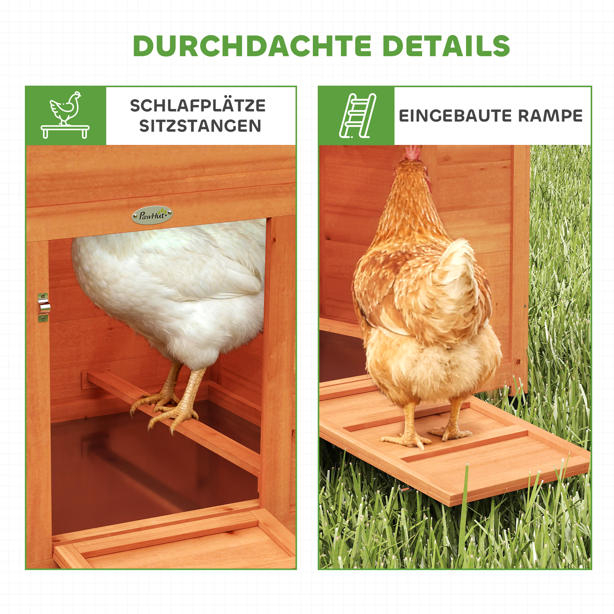 Hühnerstall Hühnerhaus aus Holz mit Nistkasten 2 Sitzstangen Rampe Fenster wasserdichtem Dach 113,5x67,5x95,5 cm Orange