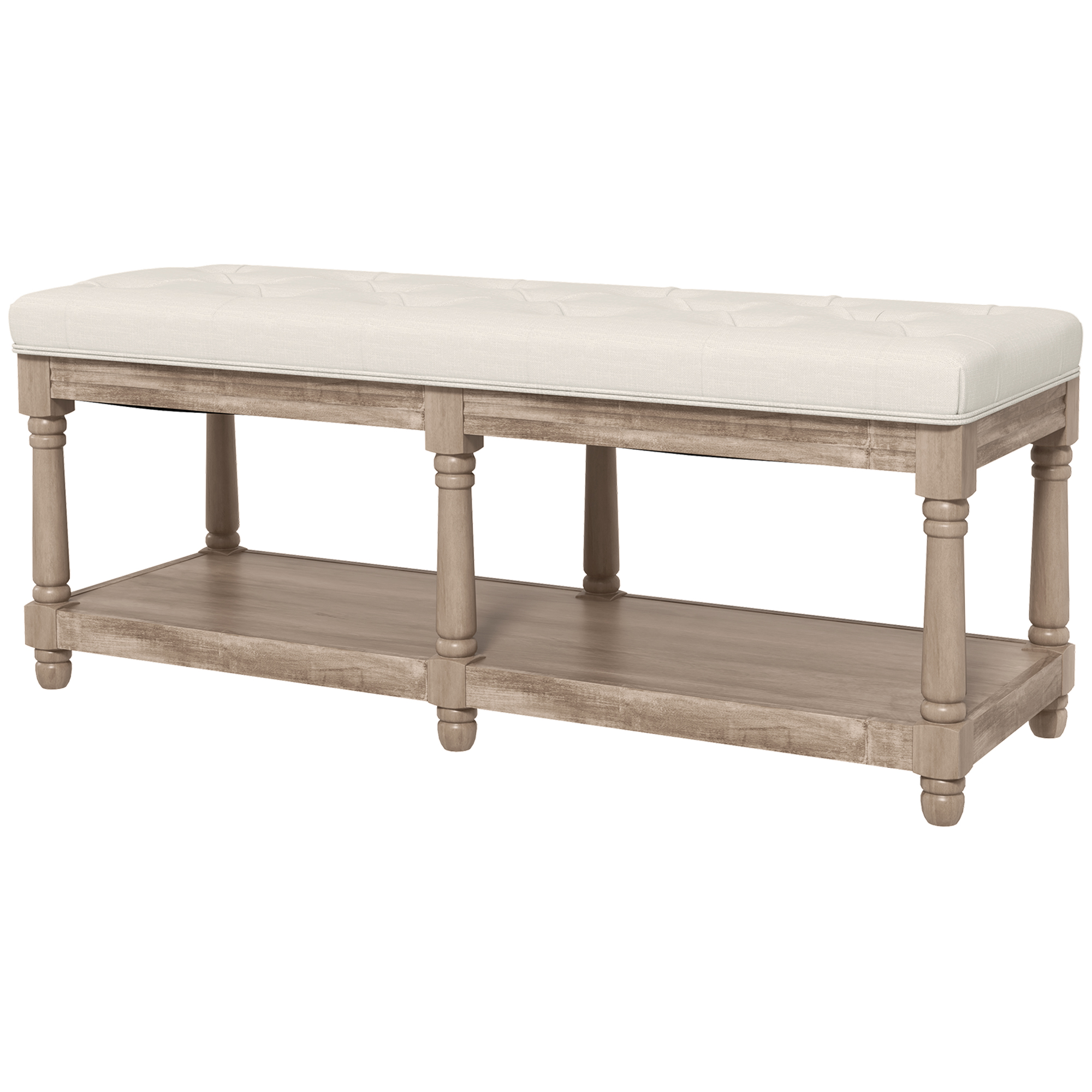 Sitzbank mit Stauraum, Vintage-Design, Knopfheftung, Kautschukbaumholz, 115x40x48cm, Cremeweiß Sitzbank mit Stauraum, Vintage-Design, Knopfheftung, Kautschukbaumholz, 115x40x48cm, Cremeweiß