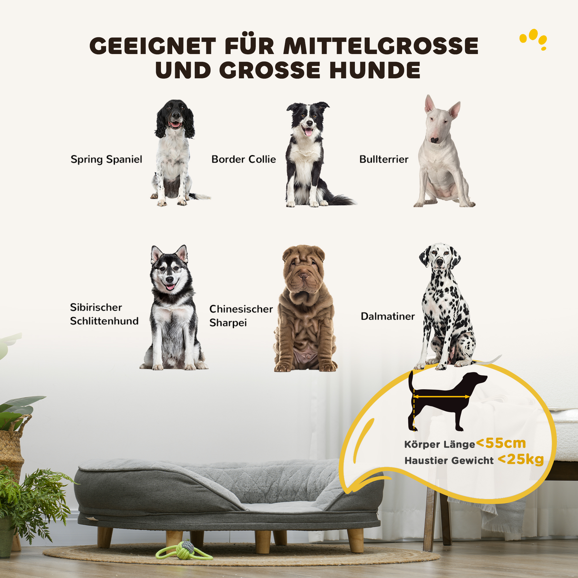 Hundebett für Hunde bis 25 kg, abnehmbarer Bezug, rutschfeste Füße, 90 x 78 x 25 cm, Grau