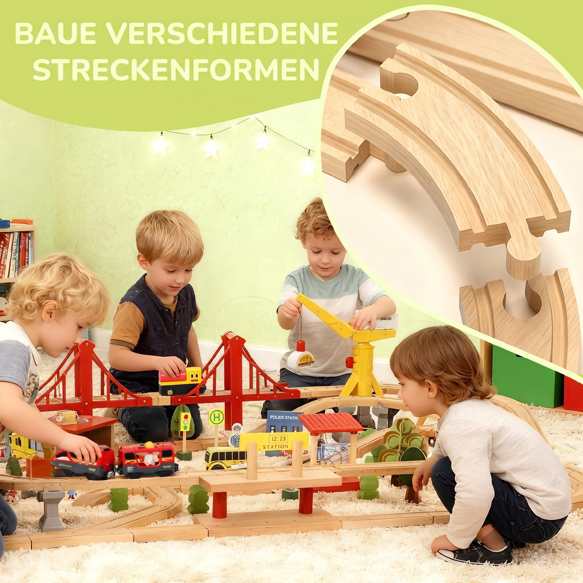 Holzeisenbahn Set 133 Stück Eisenbahn Set mit Elektrische Lok Zügen Grundplatte, Schienen Kran Brücke Kleinkinder ab 3