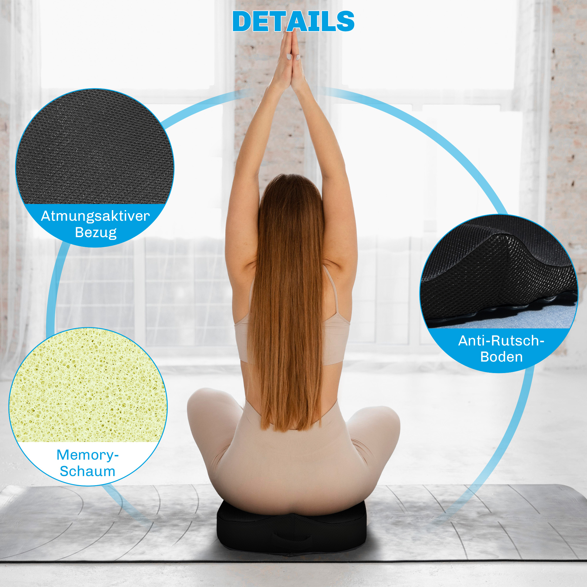 Sitzkissen, ergonomisch, atmungsaktiver Bezug, rutschfest, 44x39x13 cm, Schwarz