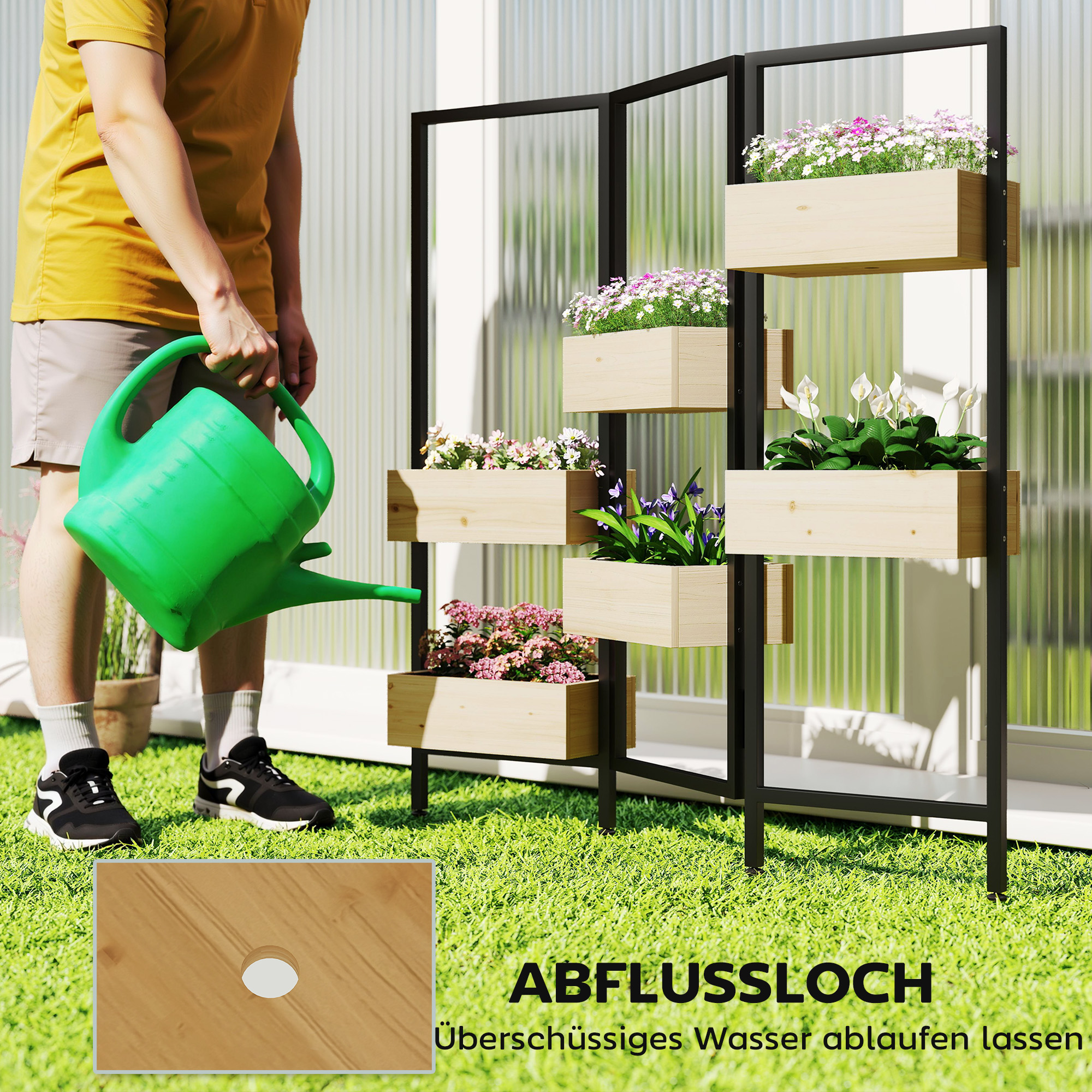 Blumenkasten mit Sichtschutz, Hochbeet mit Klappbarem Spalier, 6 Pflanzkästen mit Ablauflöchern, Stahl