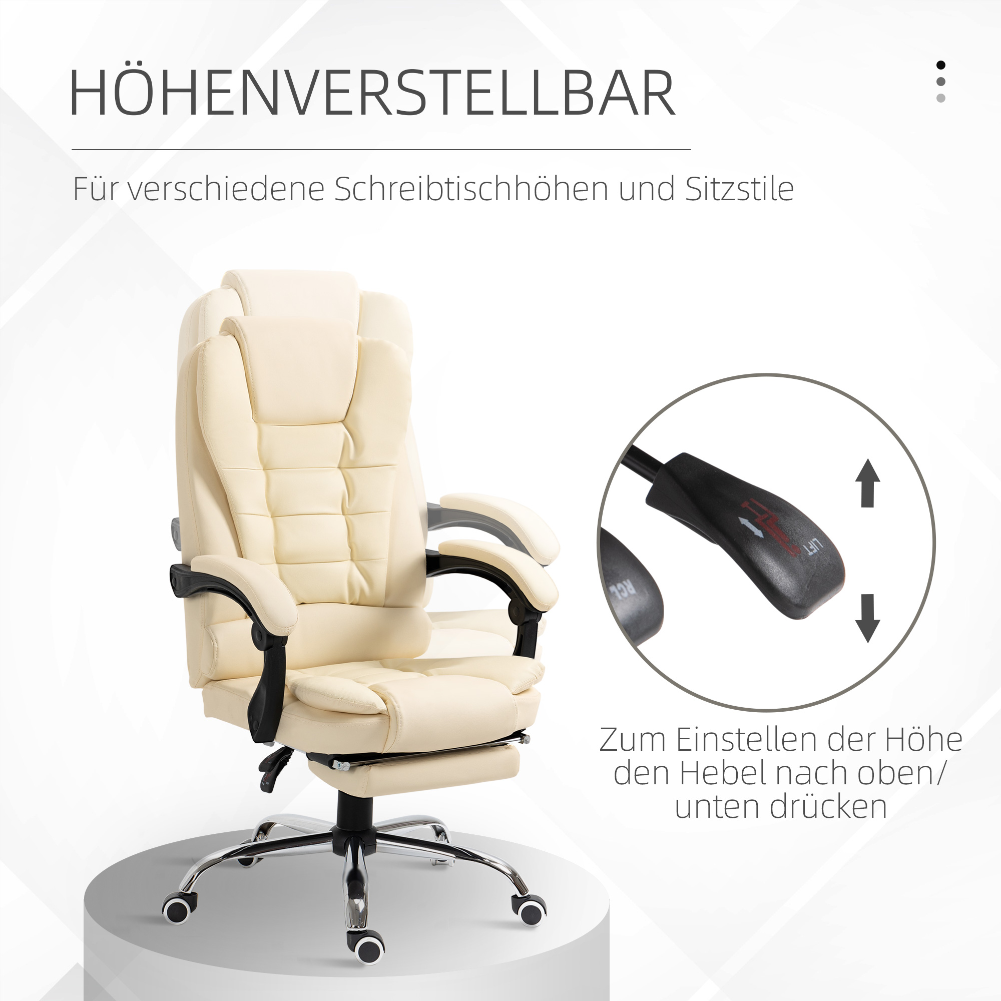Bürostuhl mit Fußstütze, Schreibtischstuhl, verstellbare Rückenlehne, höhenverstellbar, Creme + Schwarz + Silber