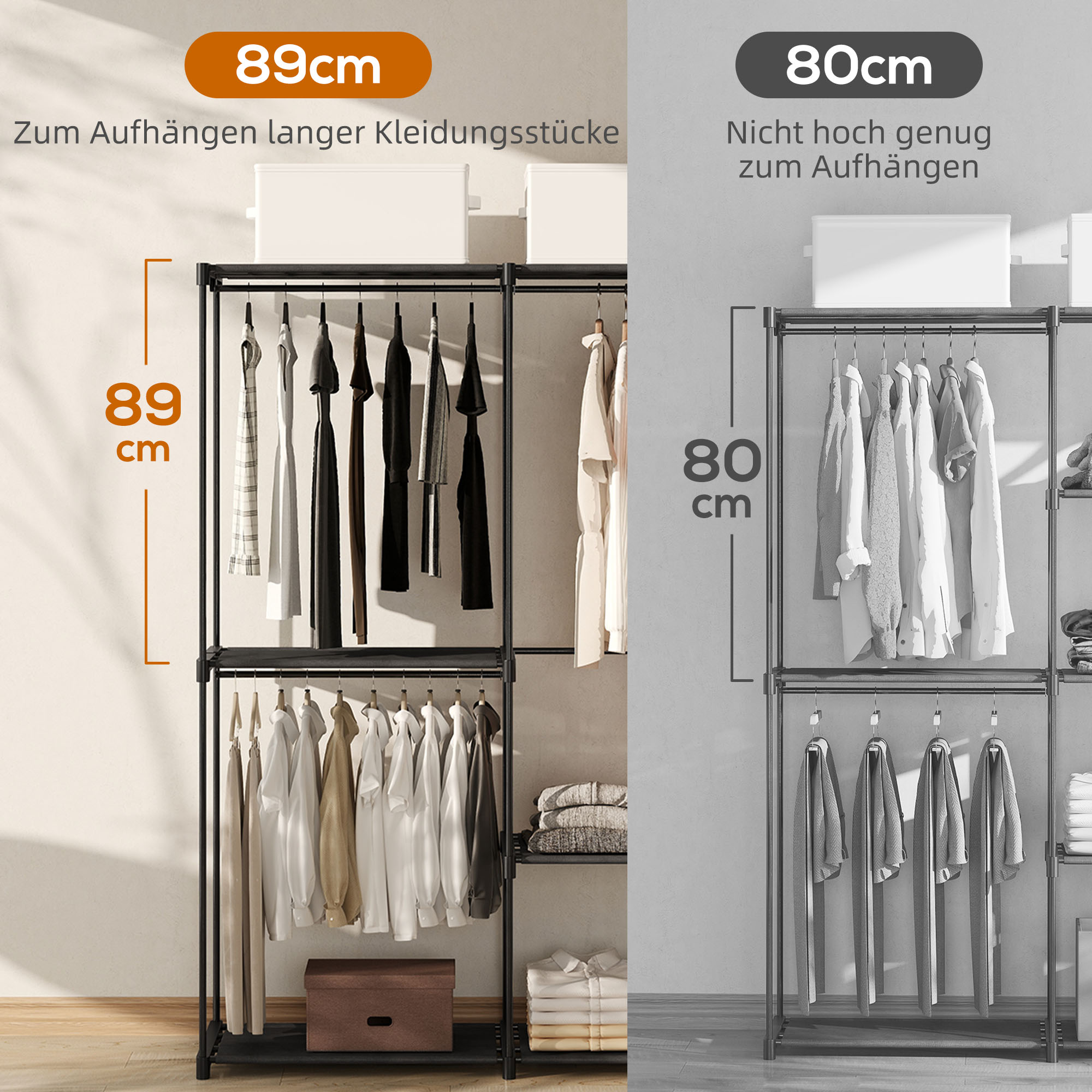 Stoffschrank Kleiderschrank mit Kleiderstange, Ablagen, für Schlafzimmer, Ankleidezimmer, 111 x 43 x 185 cm, Schwarz