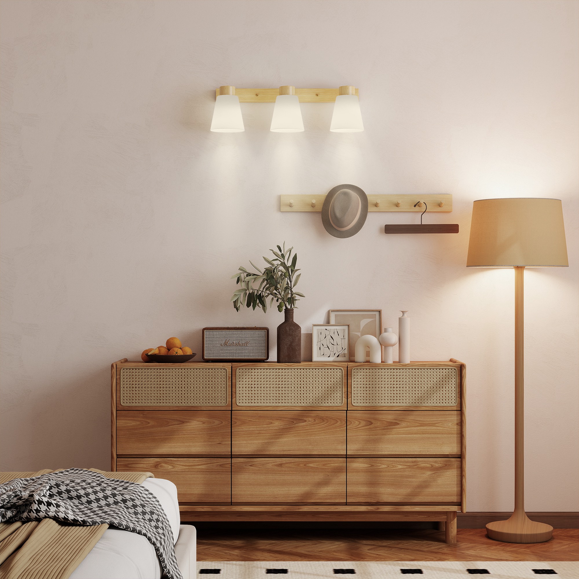 Deckenleuchte LED 40W Deckenlampe mit Doppelmontage und 90° verstellbaren Köpfen mit 3 E27-Fassungen Naturholz