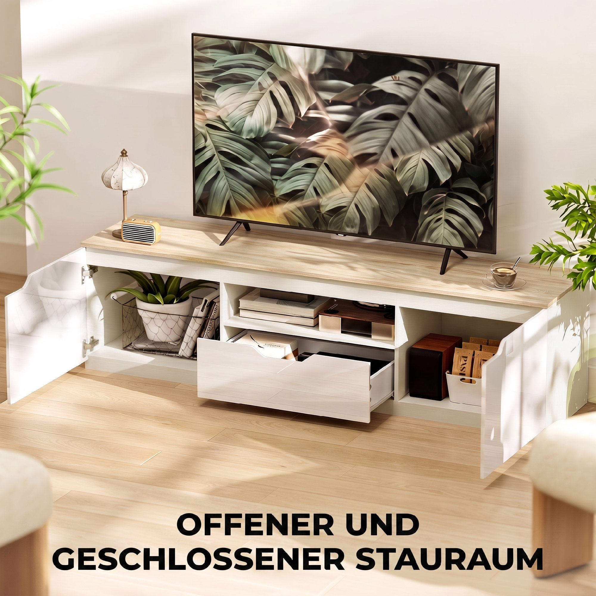 TV-Lowboard, Hochglanz, für Fernseher bis 65'', 3 Fächer, Schublade, 160 x 38 x 43 cm, Naturholz