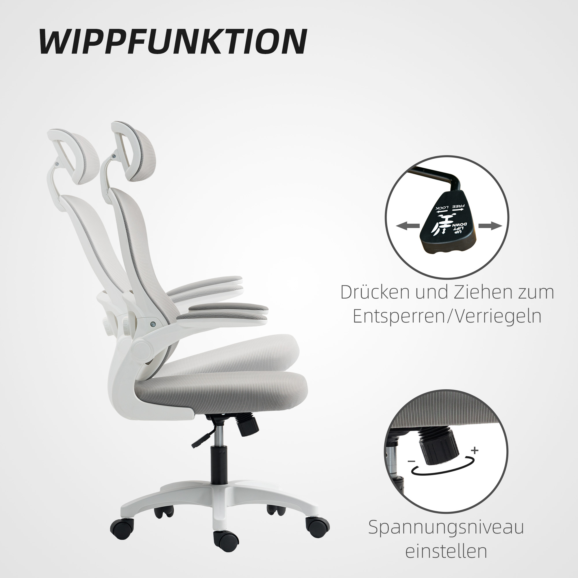 Ergonomischer Bürostuhl mit Netzstoff-Rückenlehne, höhenverstellbar, klappbare Armlehnen, 5 Rollen, Wippfunktion, Grau