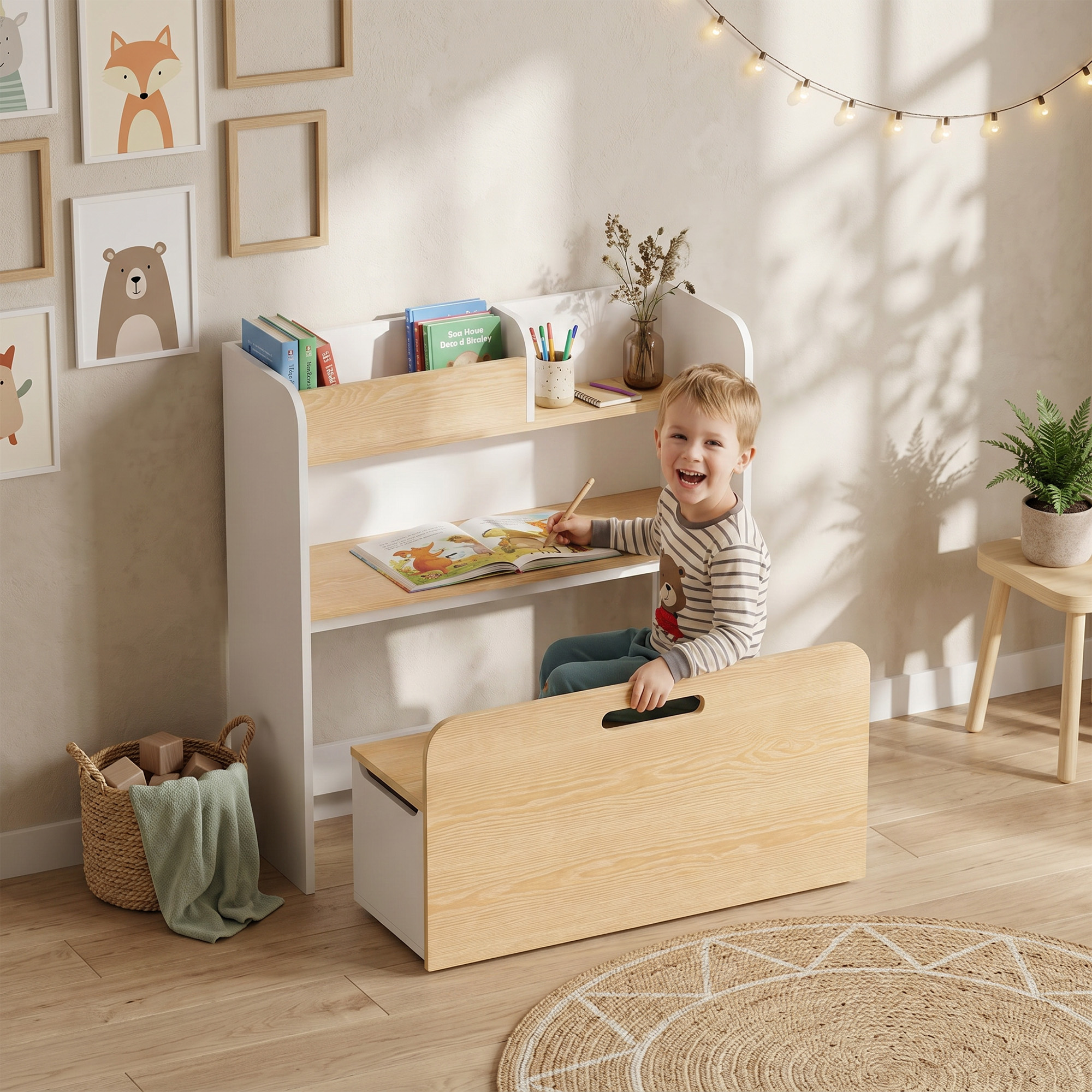 Kindertisch mit Sitzbank 5-in-1 Kindersitzgruppe mit Bücherregal, rollbar Kindertruhenbank mit Aufbewahrungsbox für 3-8