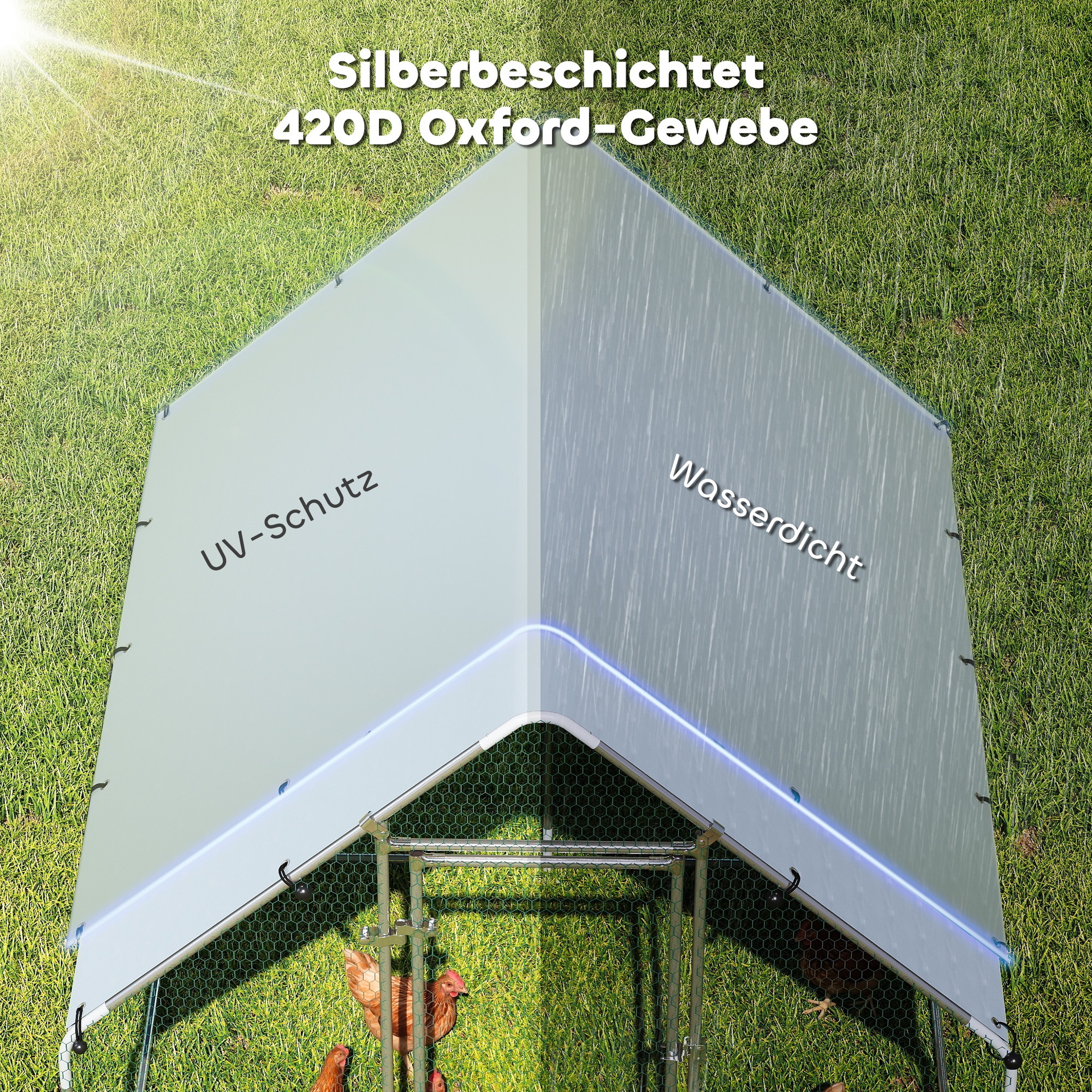 Freilaufgehege, verzinkter Stahl, Hühnerstall mit wetterfester UV-Dachabdeckung abschließbarer Tür 2x2x2 m Silber