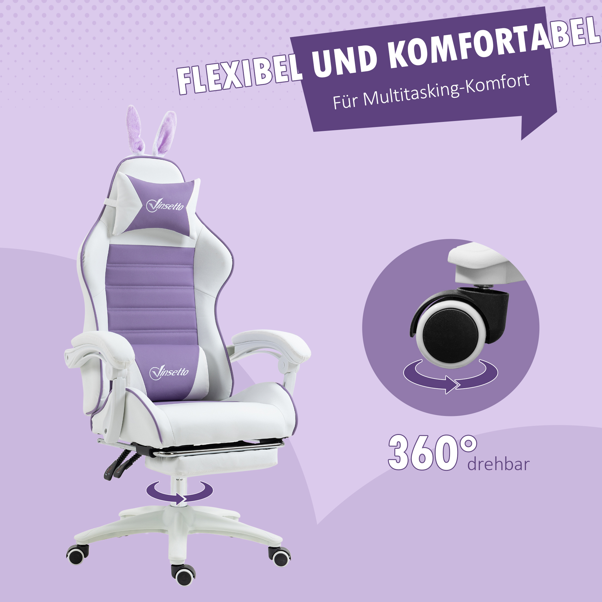 Gaming Stuhl Ergonomischer Gamer Stuhl mit Lendenwirbelstütze, Fußstütze Hasenohren Kopfkissen Violett