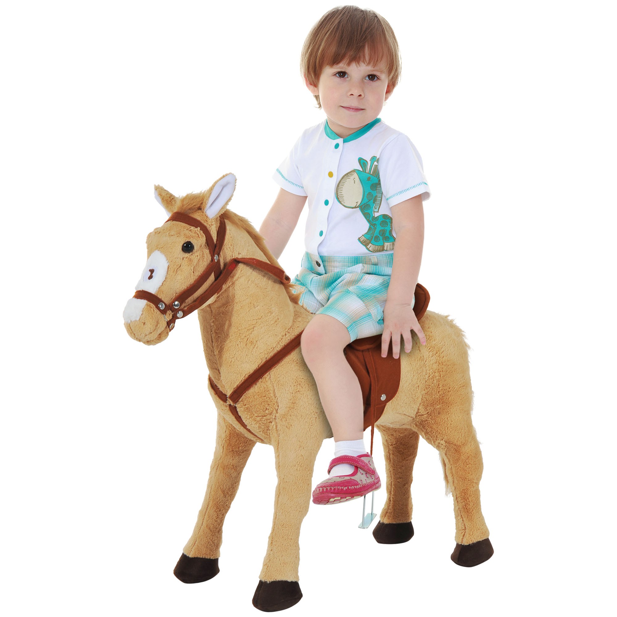 Reitpferd auf Rollen 60 cm Stehpferd mit Sattel, Zaumzeug Steigbügel Sound Spielpferd zum Reiten Draufsitzen Schaukeltier für Kinder ab 2 Jahre, Schaukelpferd Plüschpferd Indoor Outdoor Beige