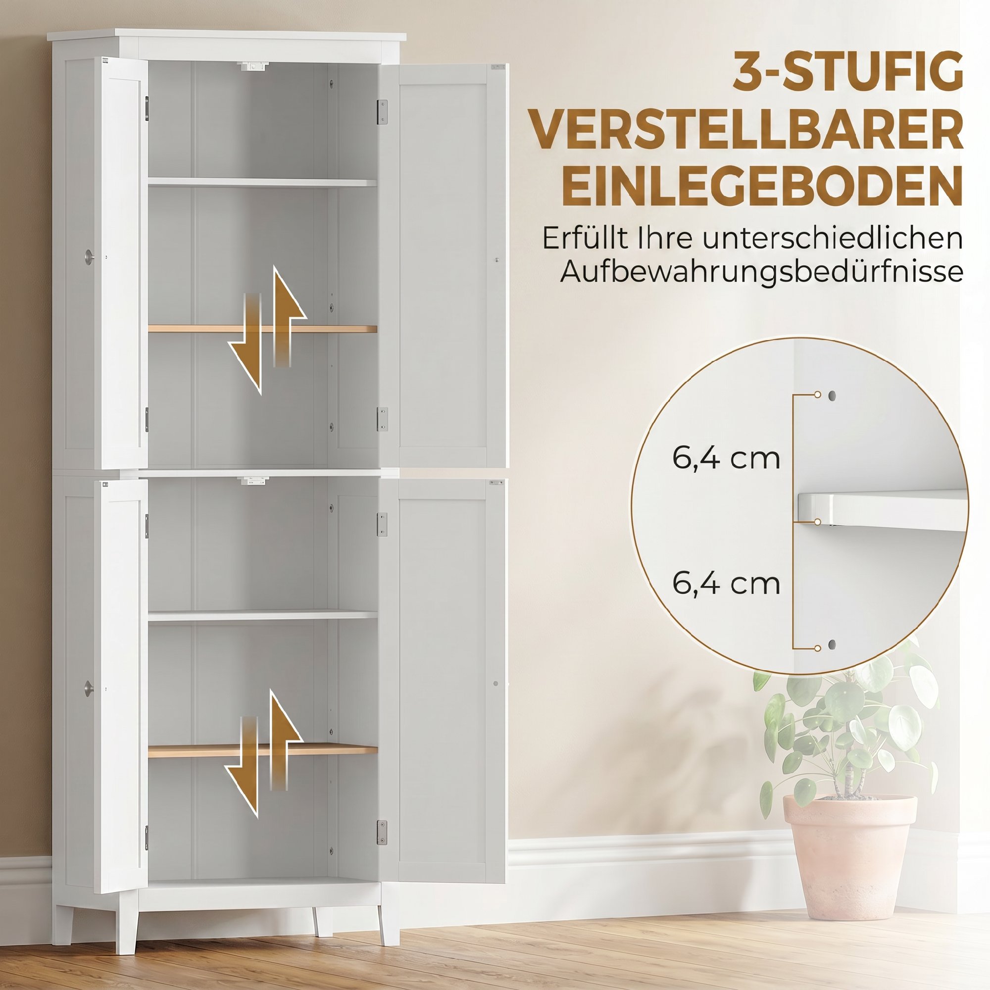 Badezimmerschrank 170 cm hoch, schmaler freistehender Badschrank mit verstellbaren Einlegeböden, für Waschküche