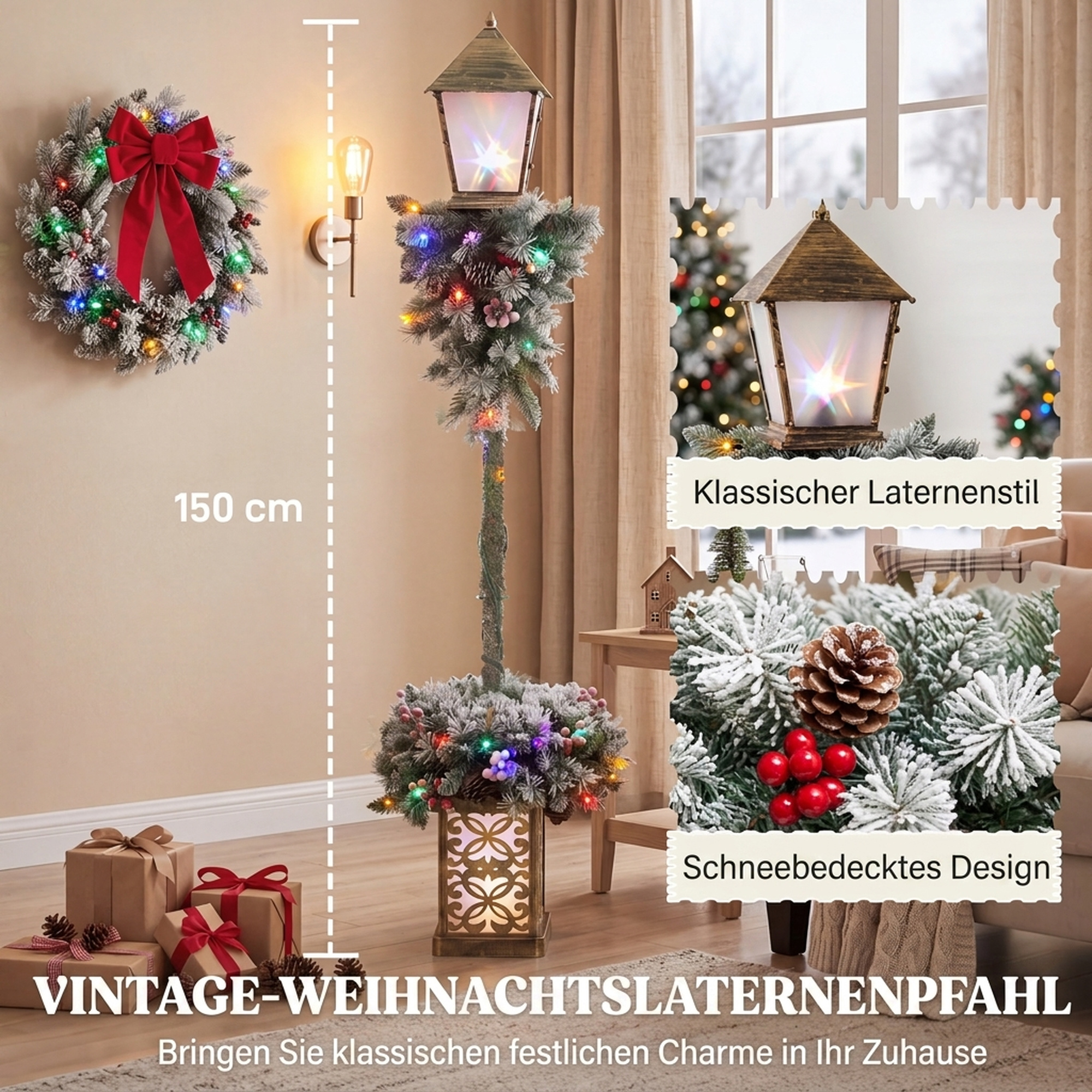 Weihnachts-Straßenlaterne für außen mit LED-Lichtern, schneebeflockten Spitzen, roten Beeren und Tannenzapfen