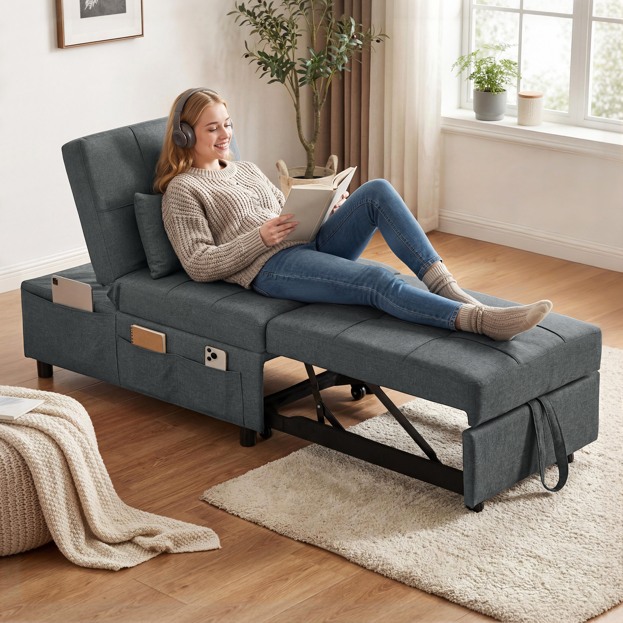 4-in-1 Multifunktionales Schlafsofa, umklappbarer Schlafsessel mit verstellbarer Rückenlehne und Kissen