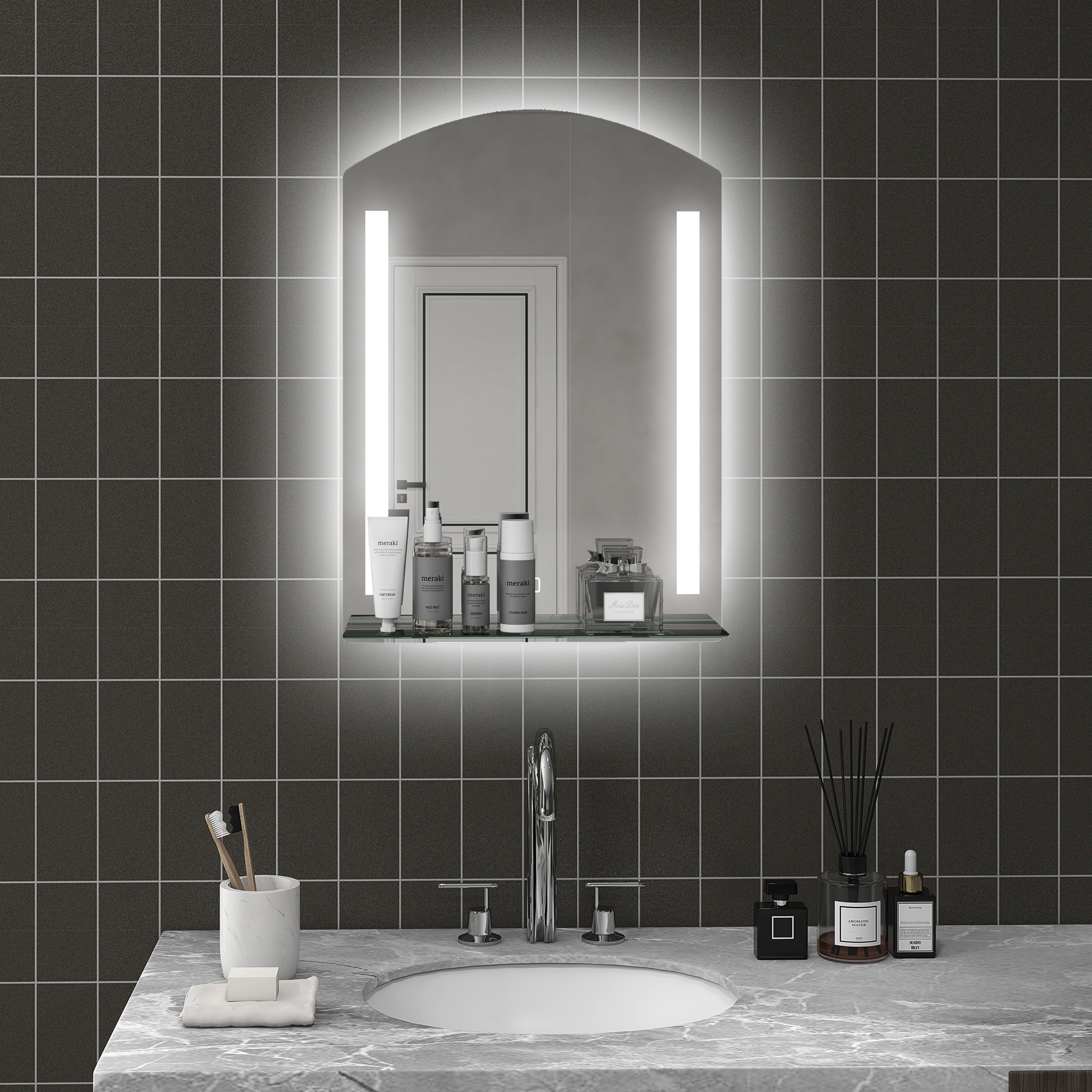 Badezimmerspiegel mit LED-Beleuchtung, elegant und hochwertig, Glas, Aluminium, Kunststoff, 50L x 12B x 70H cm