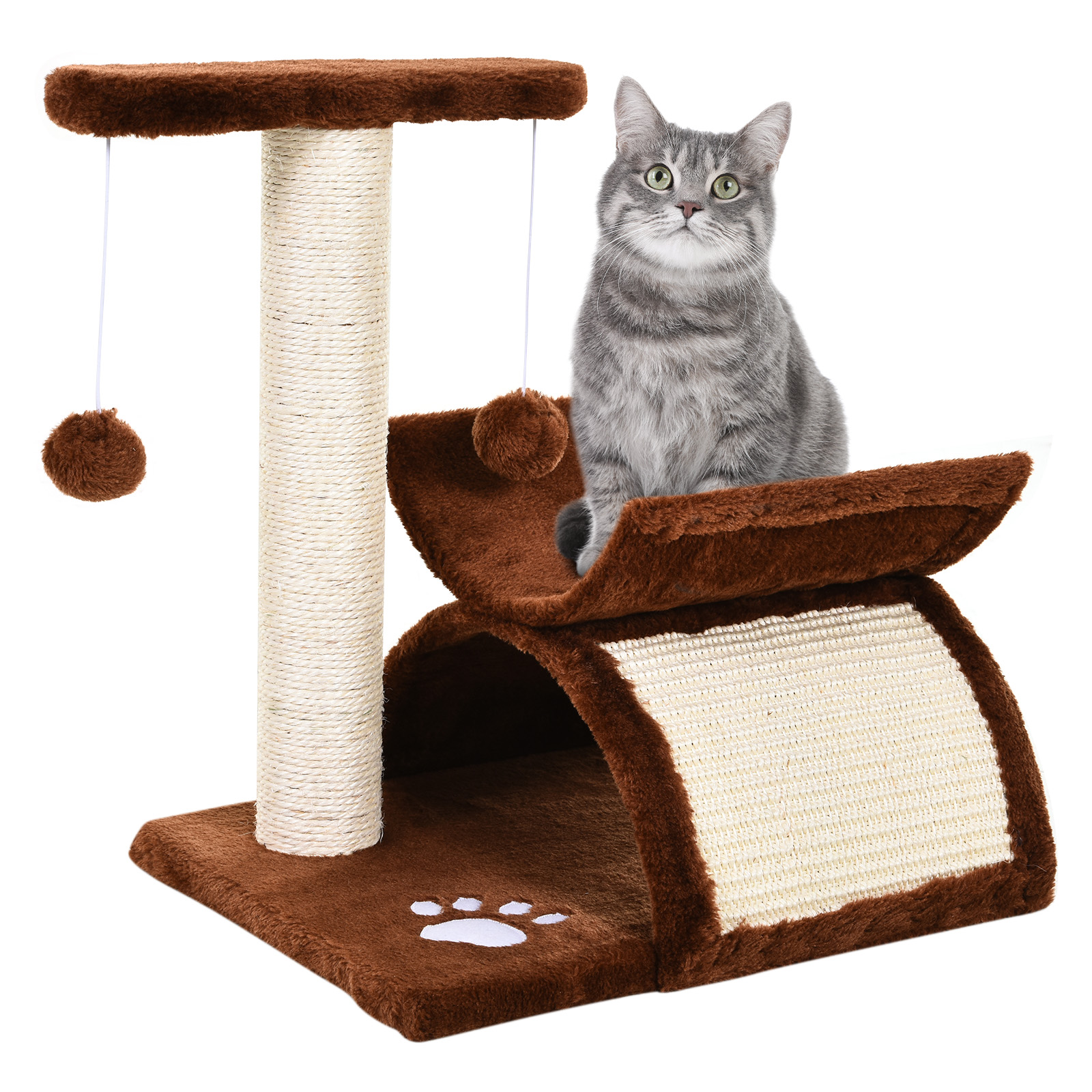 Kratzbaum 43 cm Kleiner Katzenbaum mit Tunnel, U-förmige Liegefläche, Katzenkratzbaum mit Kratzbrett, Spielball, Katzenmöbel für kleine Katzen, Braun
