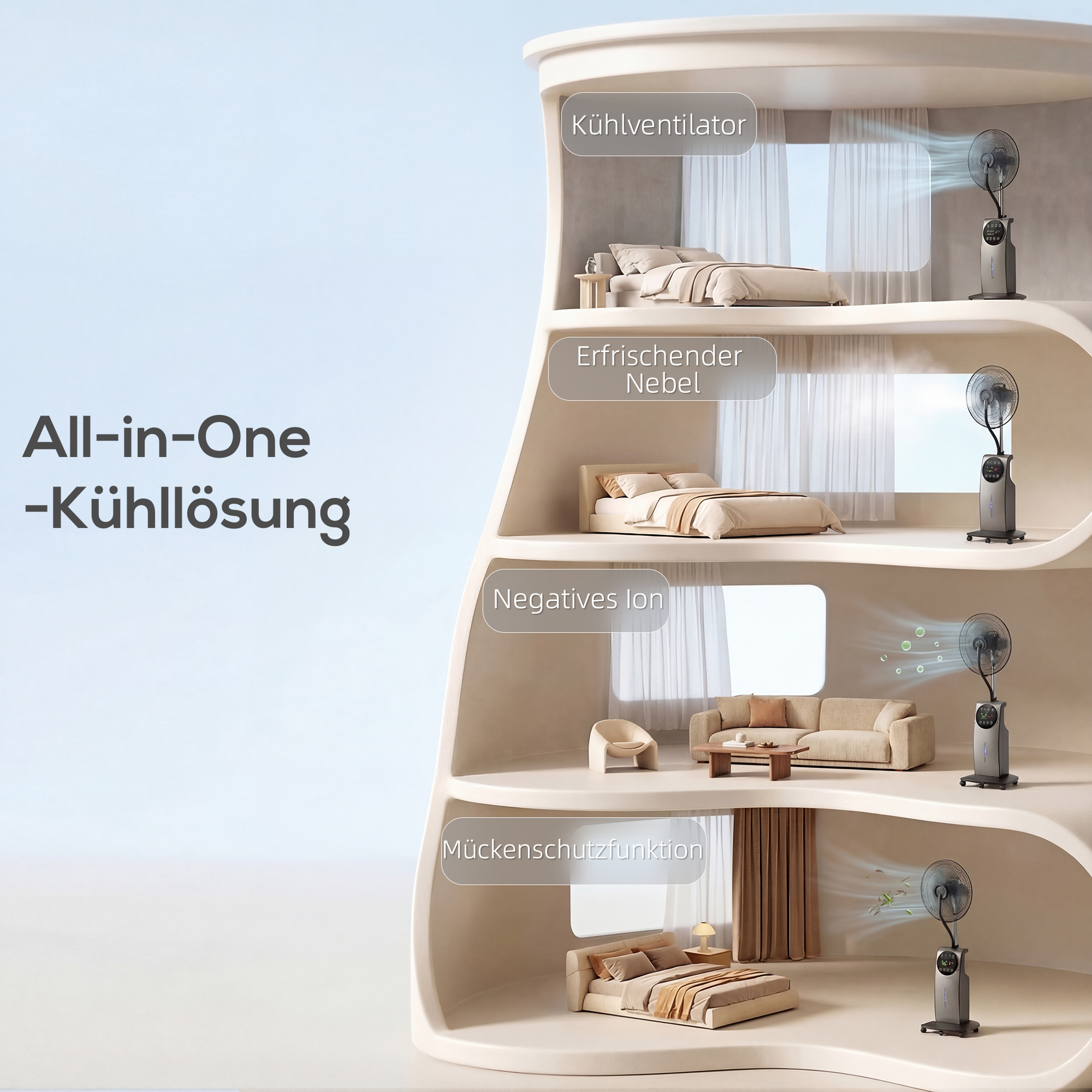 Sprühnebelventilator mit Fernbedienung, Standventilator mit Wassernebel, 70° Oszillation, 3 Geschwindigkeiten, 3 Modi, 3,1L Wassertank