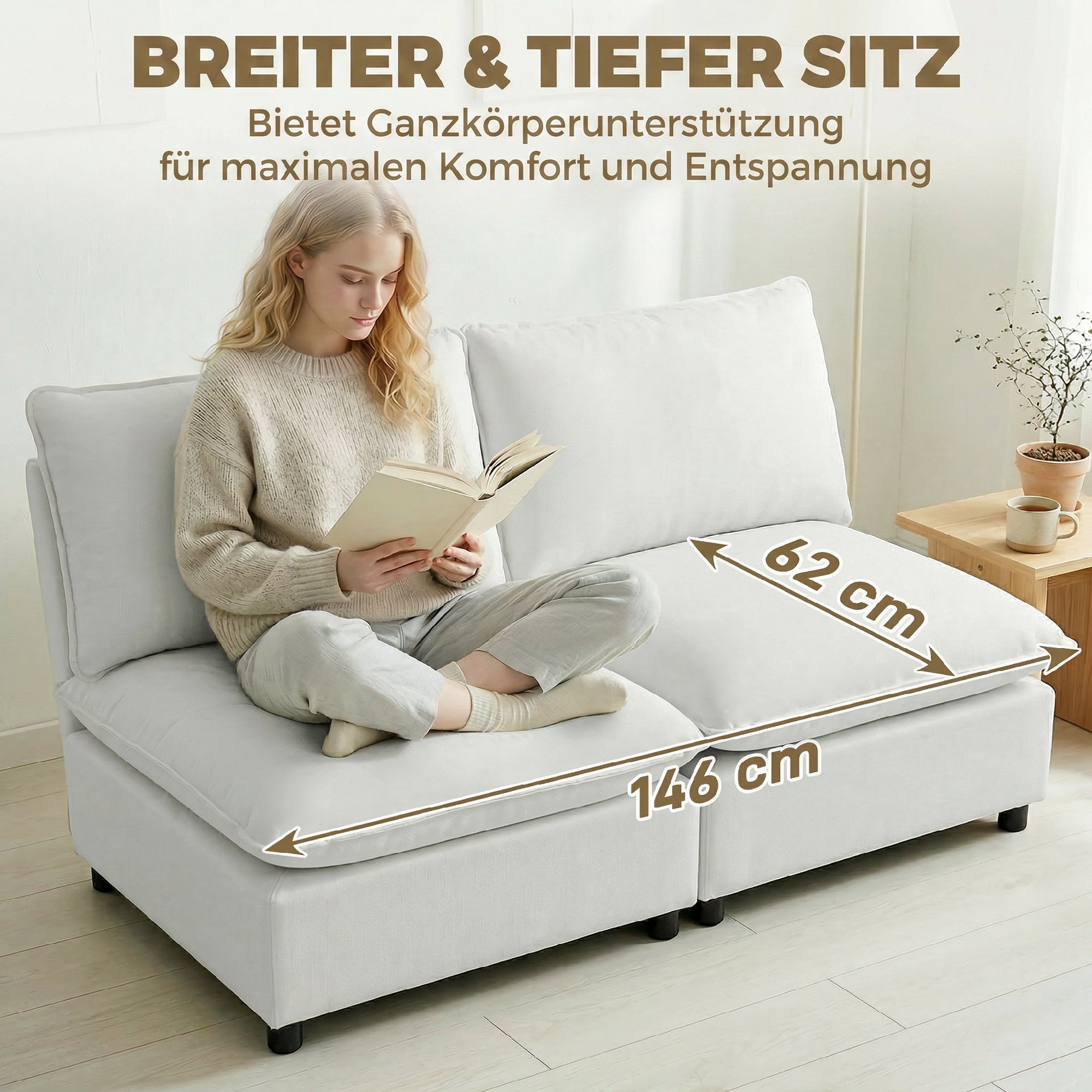 2-Sitzer-Sofa, 146 cm Kunstleder-Modularsofa mit breiter und tiefer Sitzfläche, dicken Kissen, einfache Montage, Grau