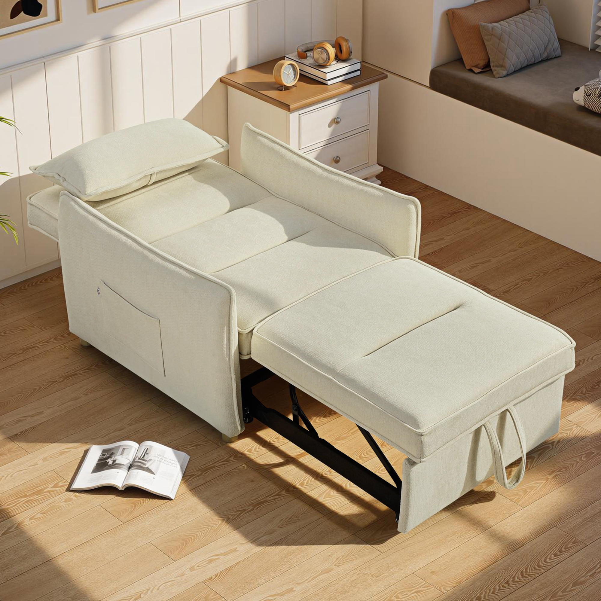 Schlafsessel 3 in 1 Umwandelbarer Sessel mit Bettfunktion, Lendenkissen, für Wohnzimmer Creme
