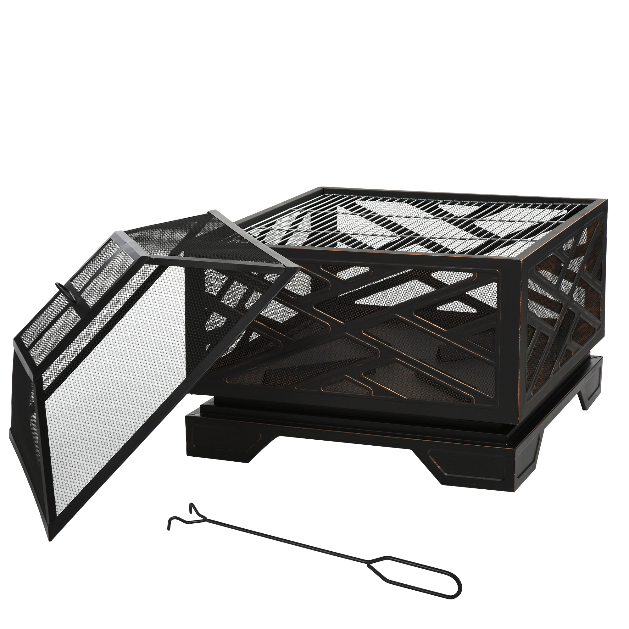 Feuerschale mit Funkenschutz, Grillrost, Schürhaken, quadratisch, Stahlgehäuse, schwarz, 66 x 66 cm Feuerschale mit Funkenschutz, Grillrost, Schürhaken, quadratisch, Stahlgehäuse, schwarz, 66 x 66 cm