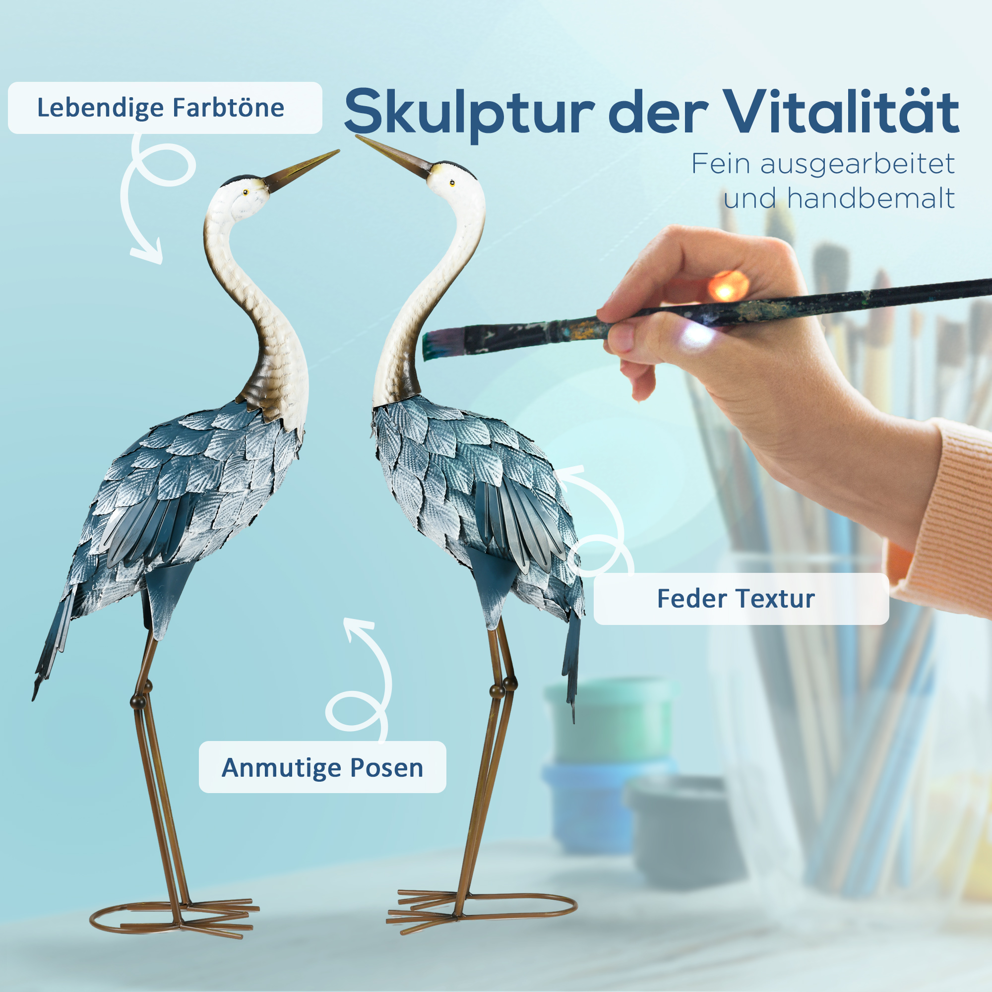 Gartenfigur Kraniche, 2-er Set, rostfrei, wetterfest, farbbeständig, Stahl, 26 x 15 x 74 cm, Blau/Weiß/Grau