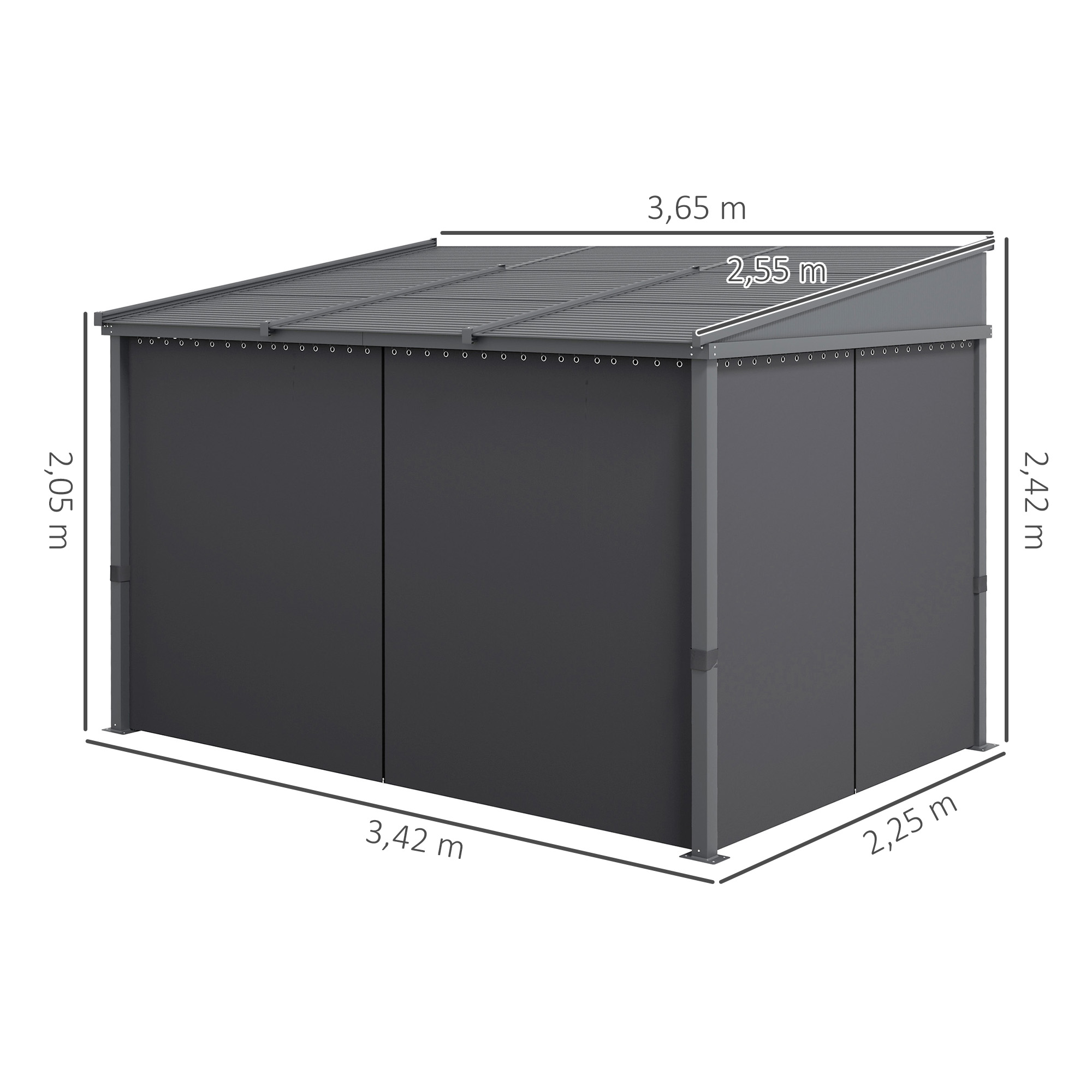 Gartenpavillon, Pergola, mit Schiebedach, Vorhängen, Aluminiumrahmen, dunkelgrau, 3,65 x 2,55 x 2,05 m