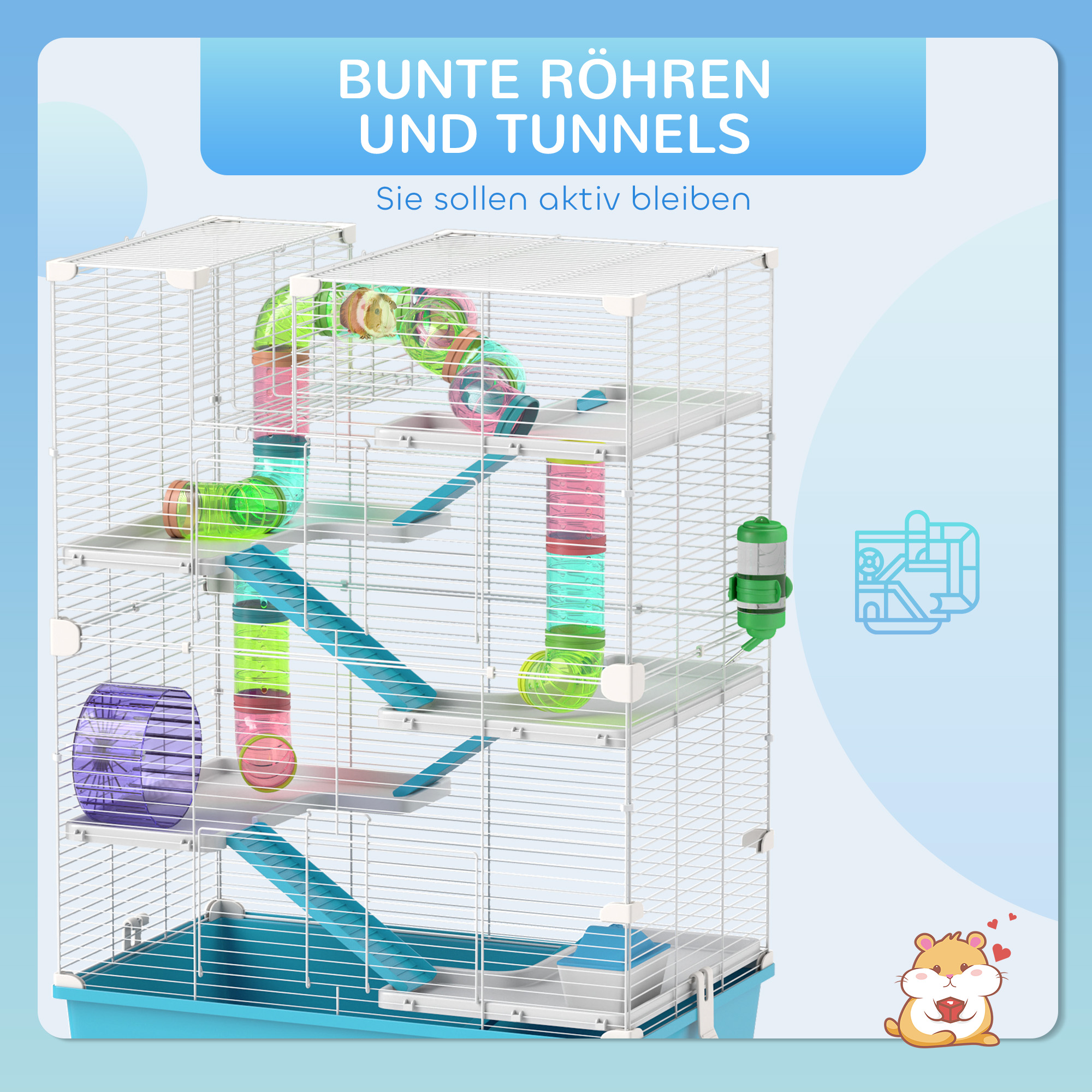 6-stöckiger Hamsterkäfig mit Röhren, Tunnels, Hütte, Laufrad, Futterschale, Wasserflasche, Rampen, Hellblau