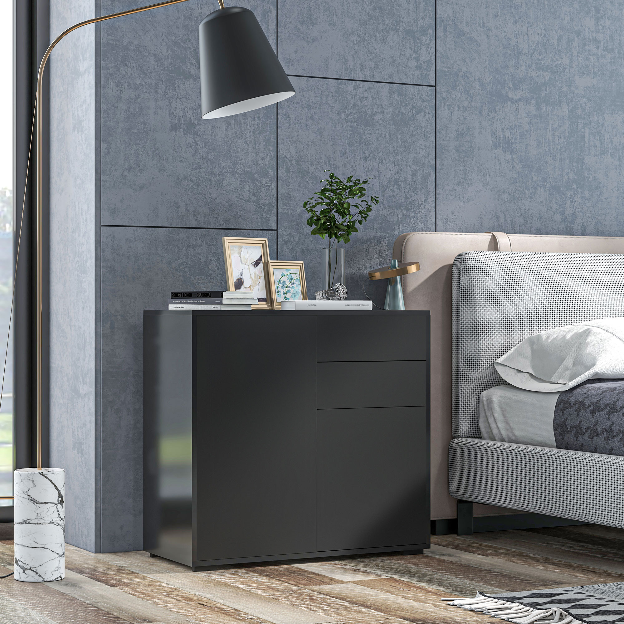 Aufbewahrungsschrank mit 2 Schubladen, 2 Türen, mit Kippschutz, für Wohnzimmer, Schlafzimmer, 79 x 36 x 74 cm, Schwarz